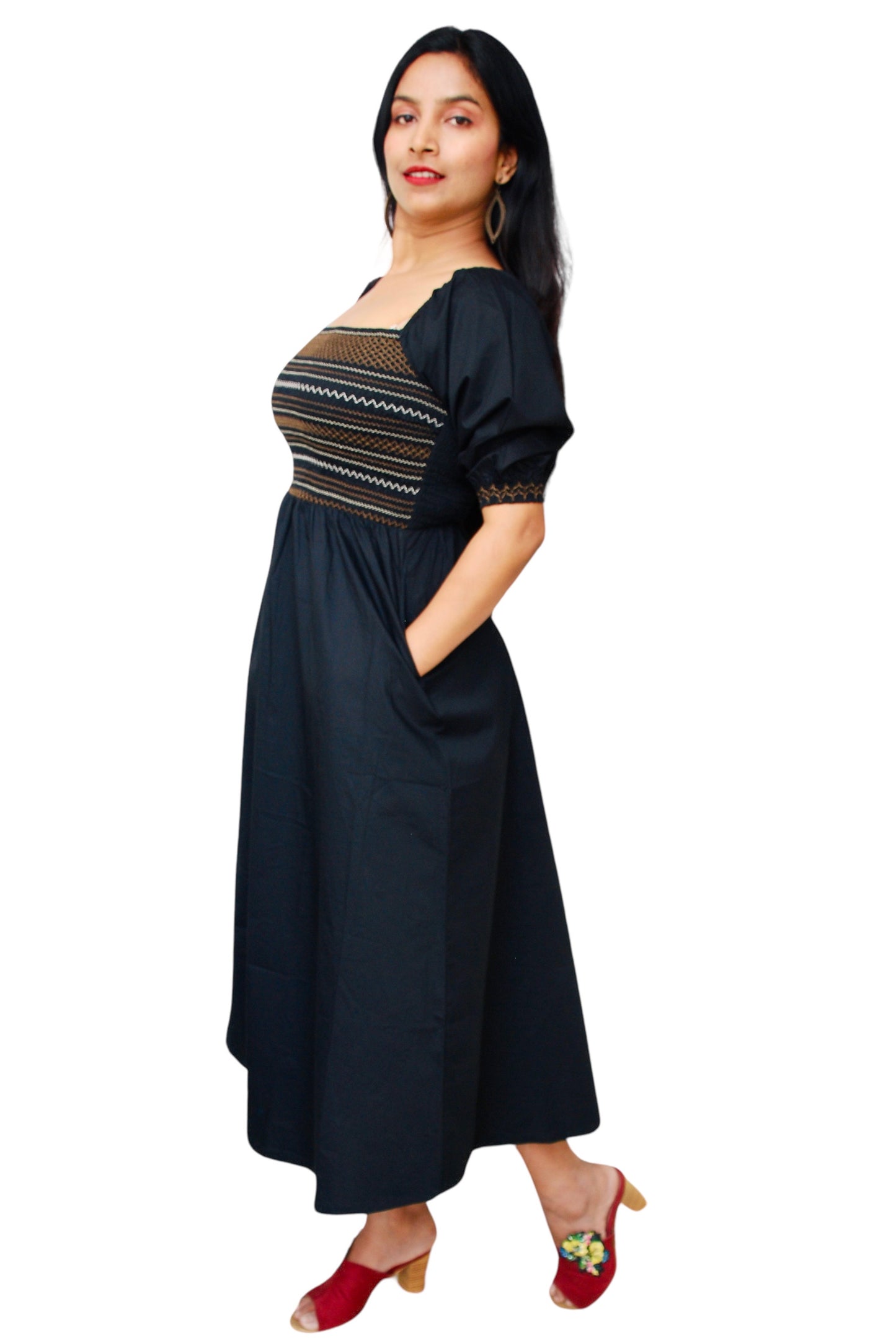 Women Black Color Embroidered Off-Shoulder Midi Dress