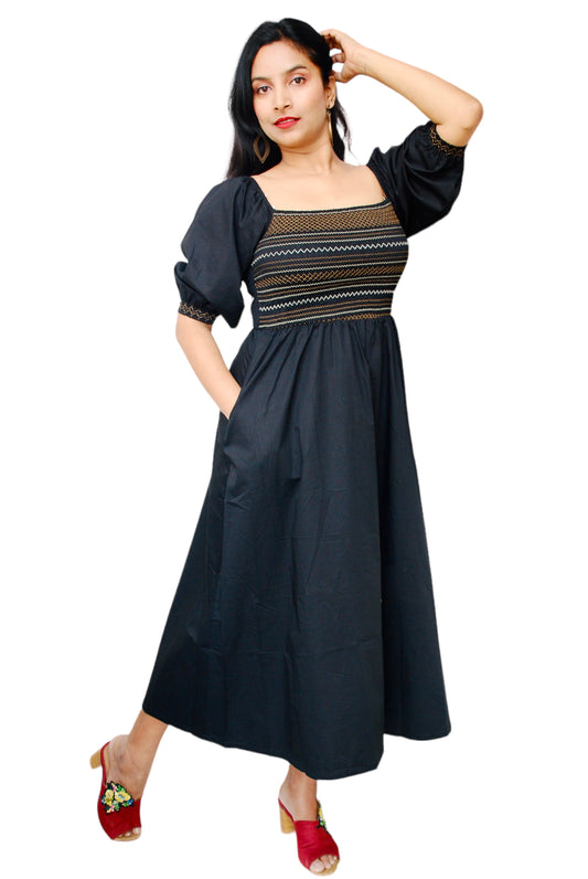 Women Black Color Embroidered Off-Shoulder Midi Dress
