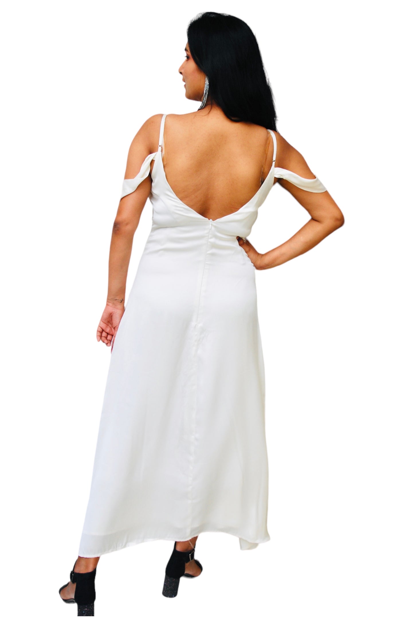 Women Cream Color Cold Shoulder Strappy Maxi Party Wear Gown