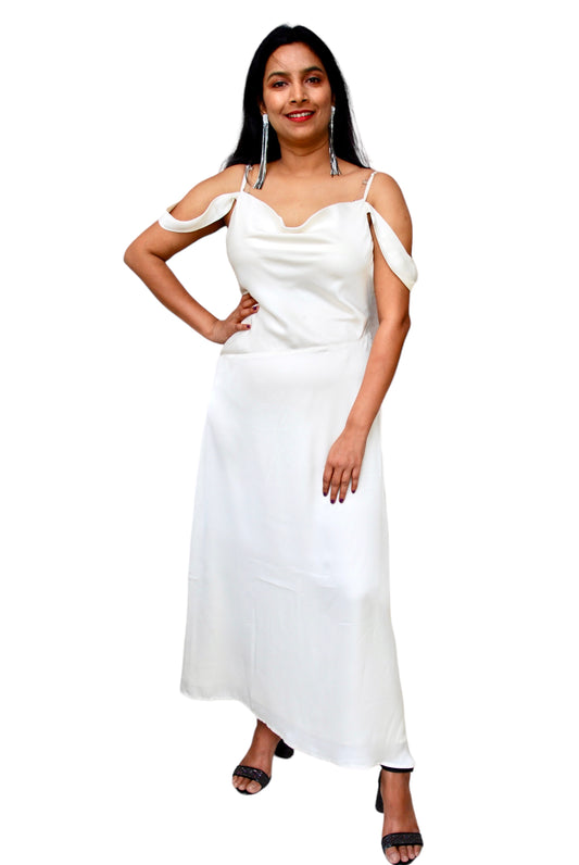 Women Cream Color Cold Shoulder Strappy Maxi Party Wear Gown