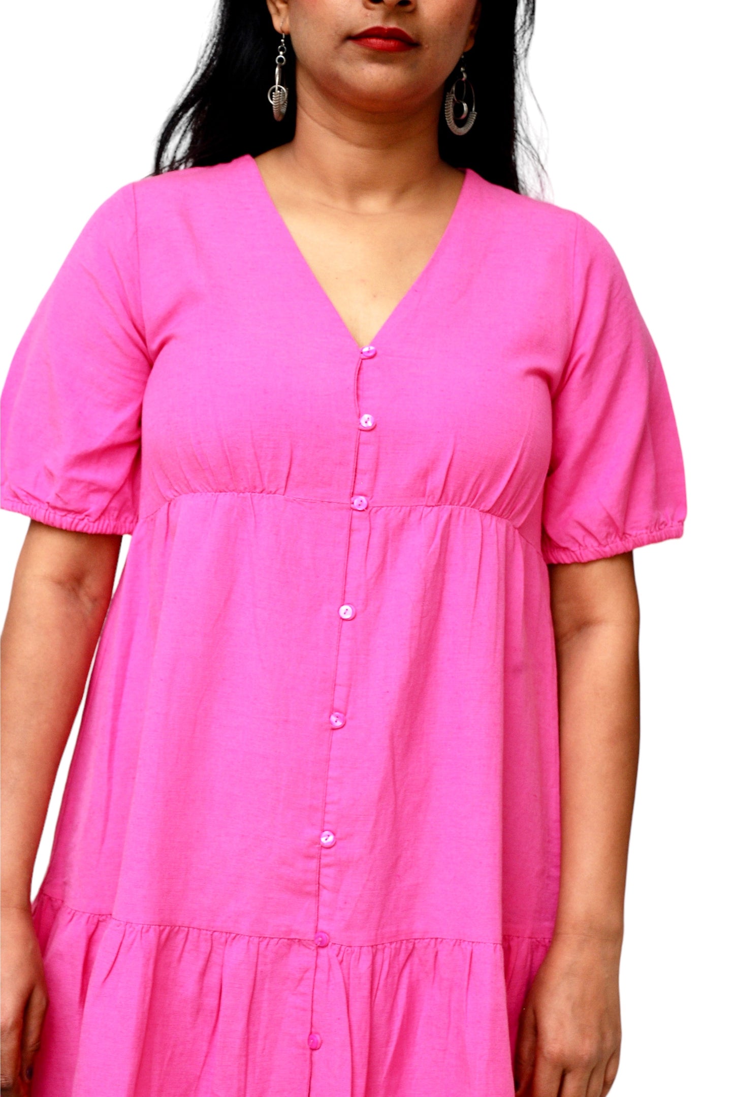 Women Pink Color Cotton-Linen Fabric A-Line Summer Dress