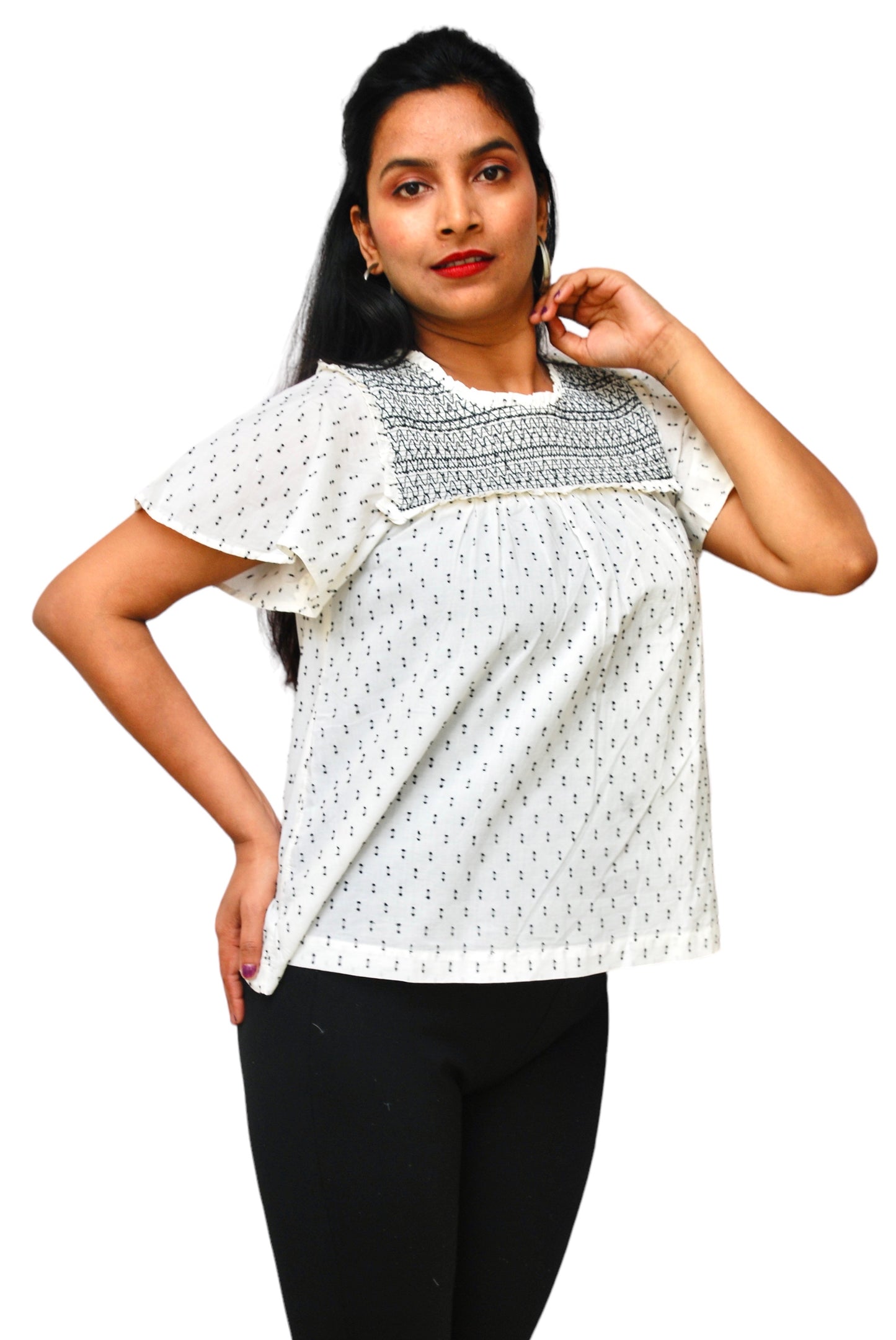 Women Casual Flared Sleeves Embroidered Women White, Black Top