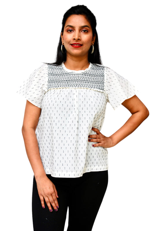 Women Casual Flared Sleeves Embroidered Women White, Black Top