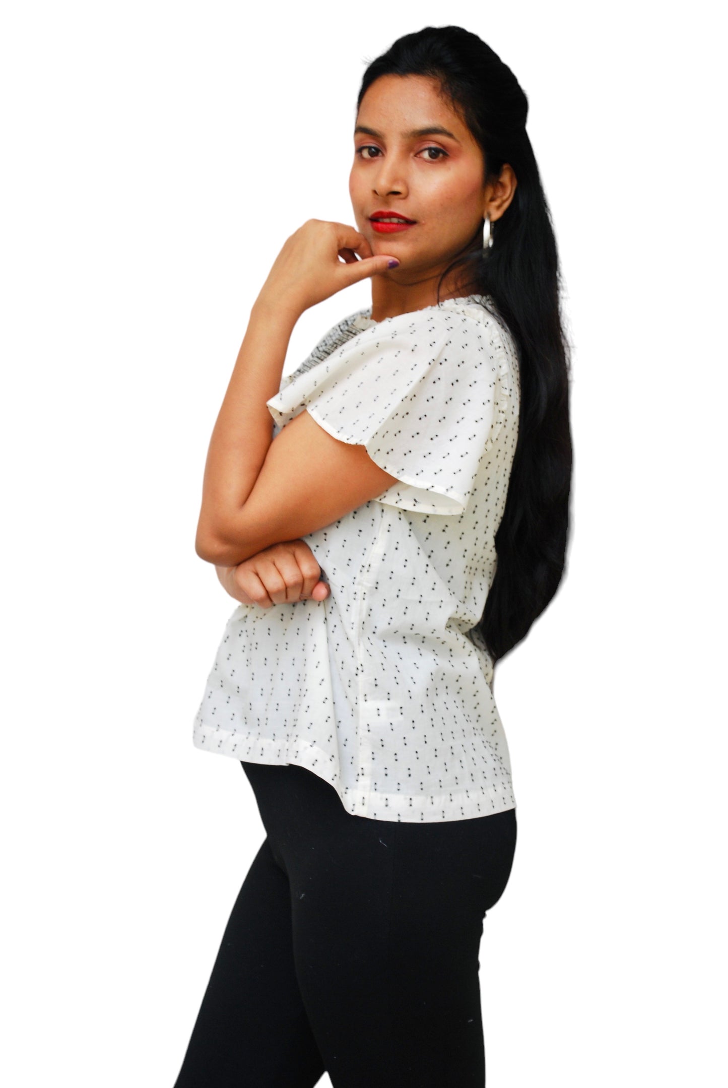 Women Casual Flared Sleeves Embroidered Women White, Black Top