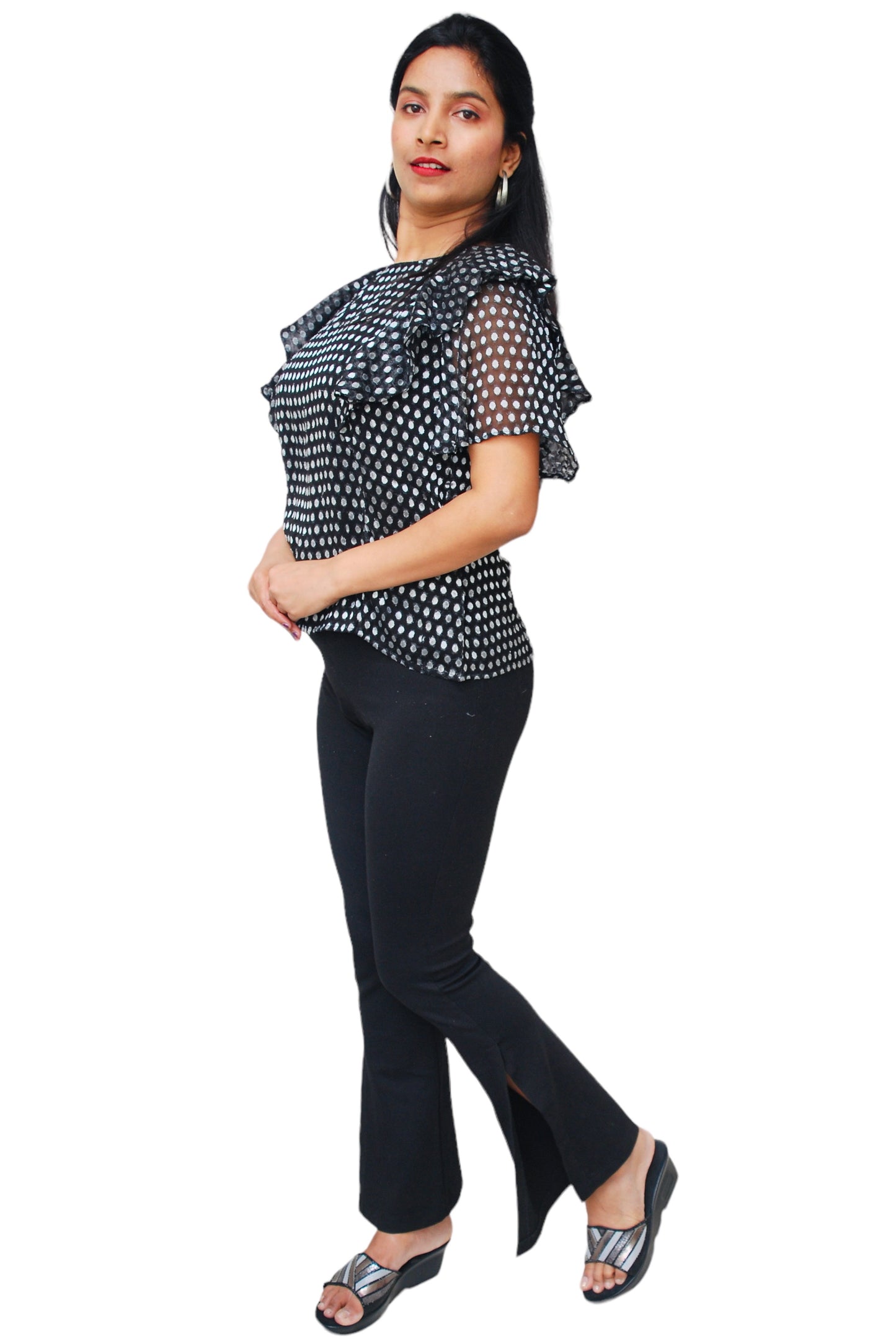 Women Flared Sleeves Jacquard Fabric Women Black Top