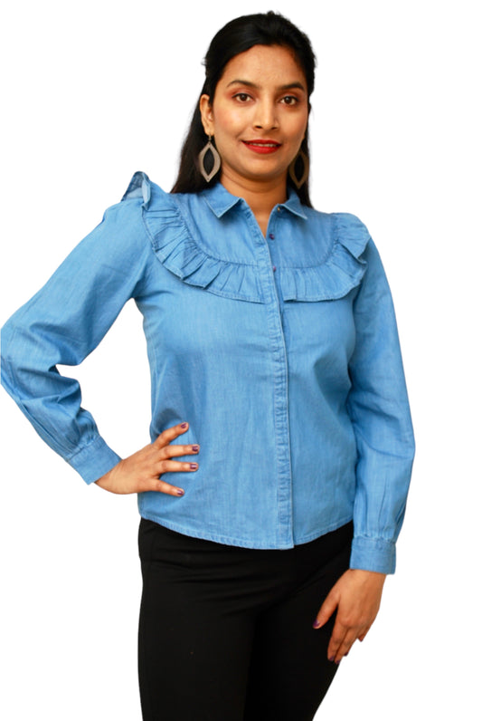 Women Slim Fit Washed Button Down Collar Casual Shirt