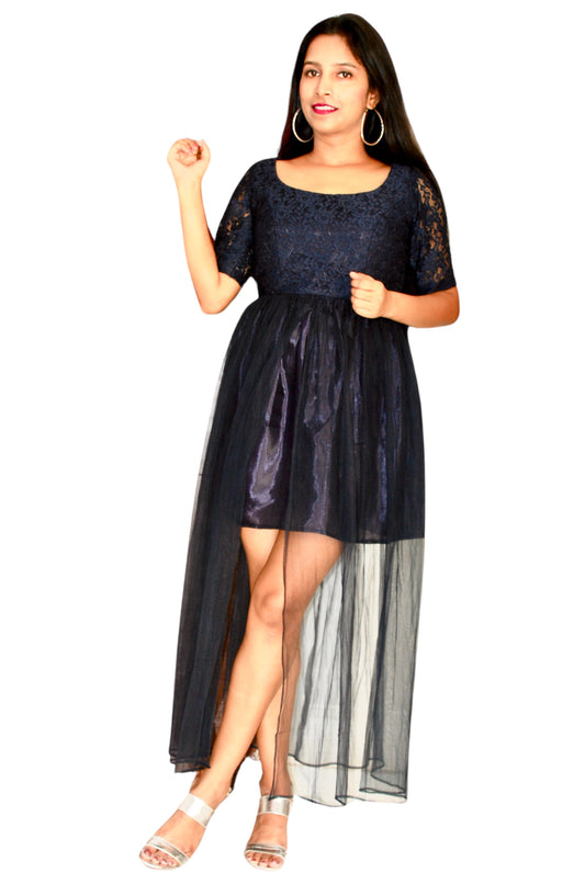 Women Navy Color Net Fabric Designer Maxi Dress