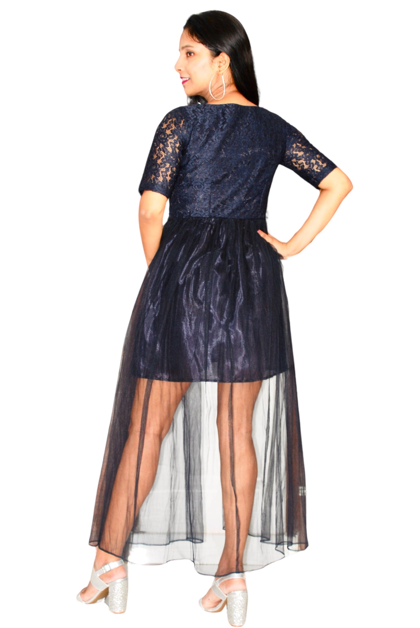 Women Navy Color Net Fabric Designer Maxi Dress