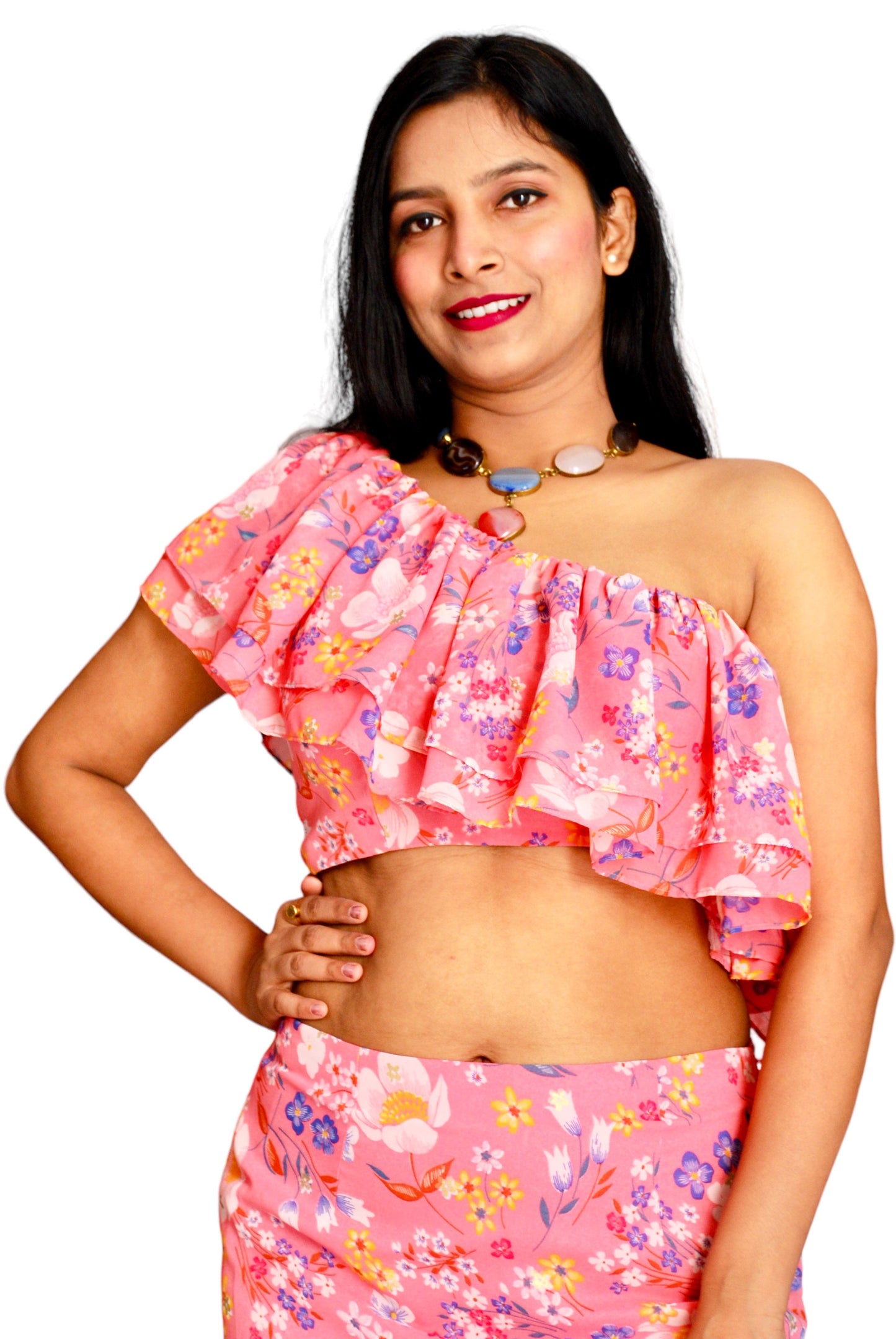 Women Floral Printed Ruffle Bodice One Shoulder Neck Co-Ord Set.