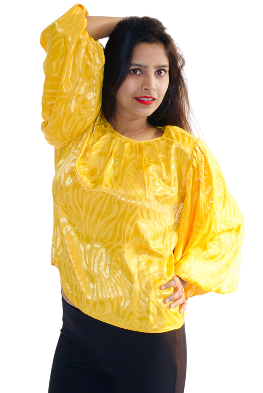 Women Yellow Color Self Embossed Party Wear Top.