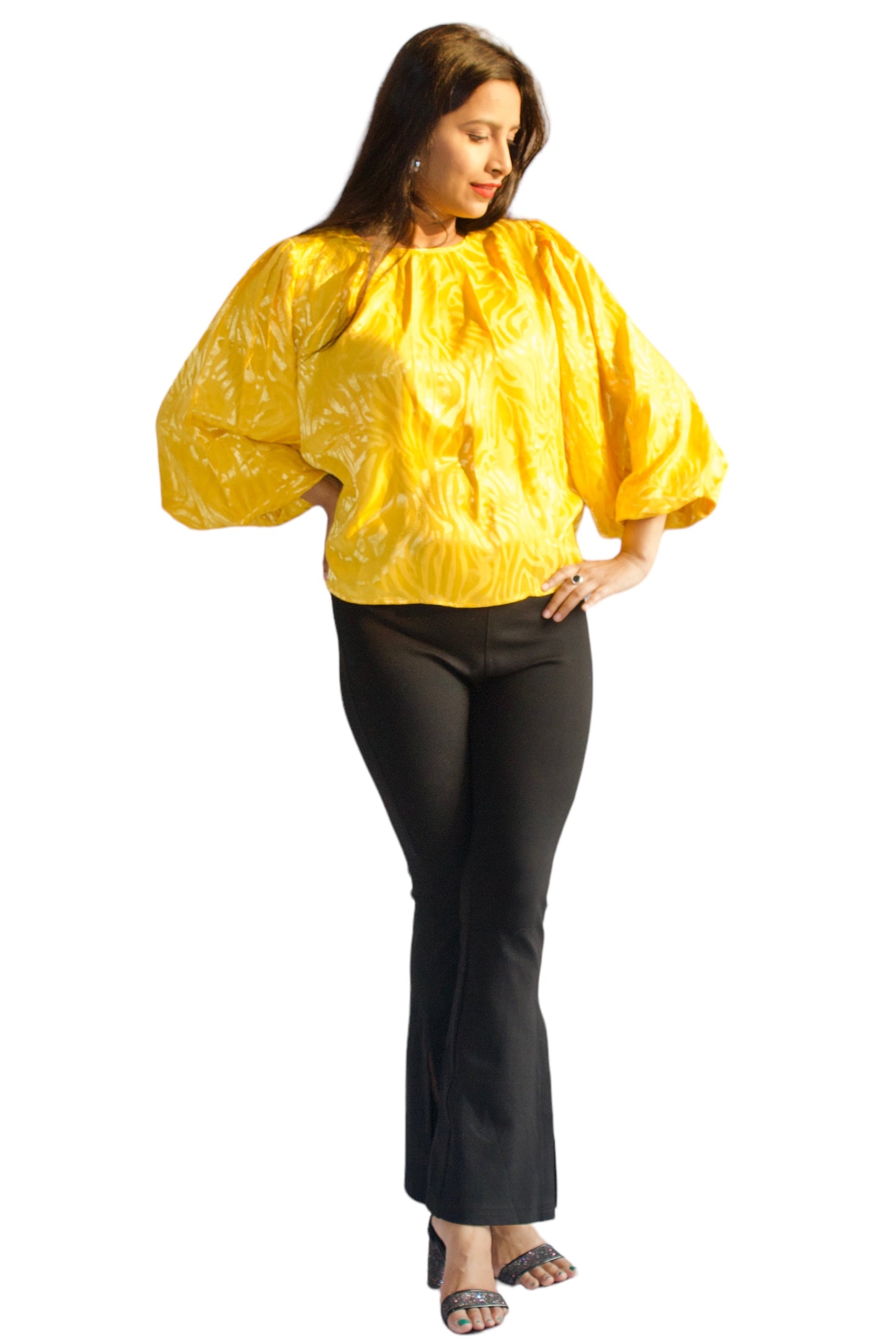 Women Yellow Color Self Embossed Party Wear Top.