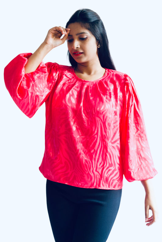 Women Fuchsia Pink Color Self Embossed Party Wear Top