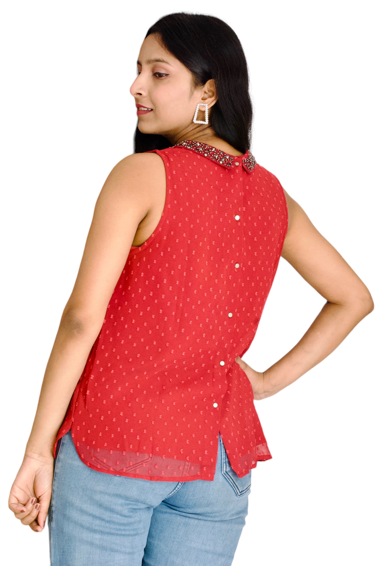 Women Maroon Color Dobi Georgette Fabric Collared Embellished Top