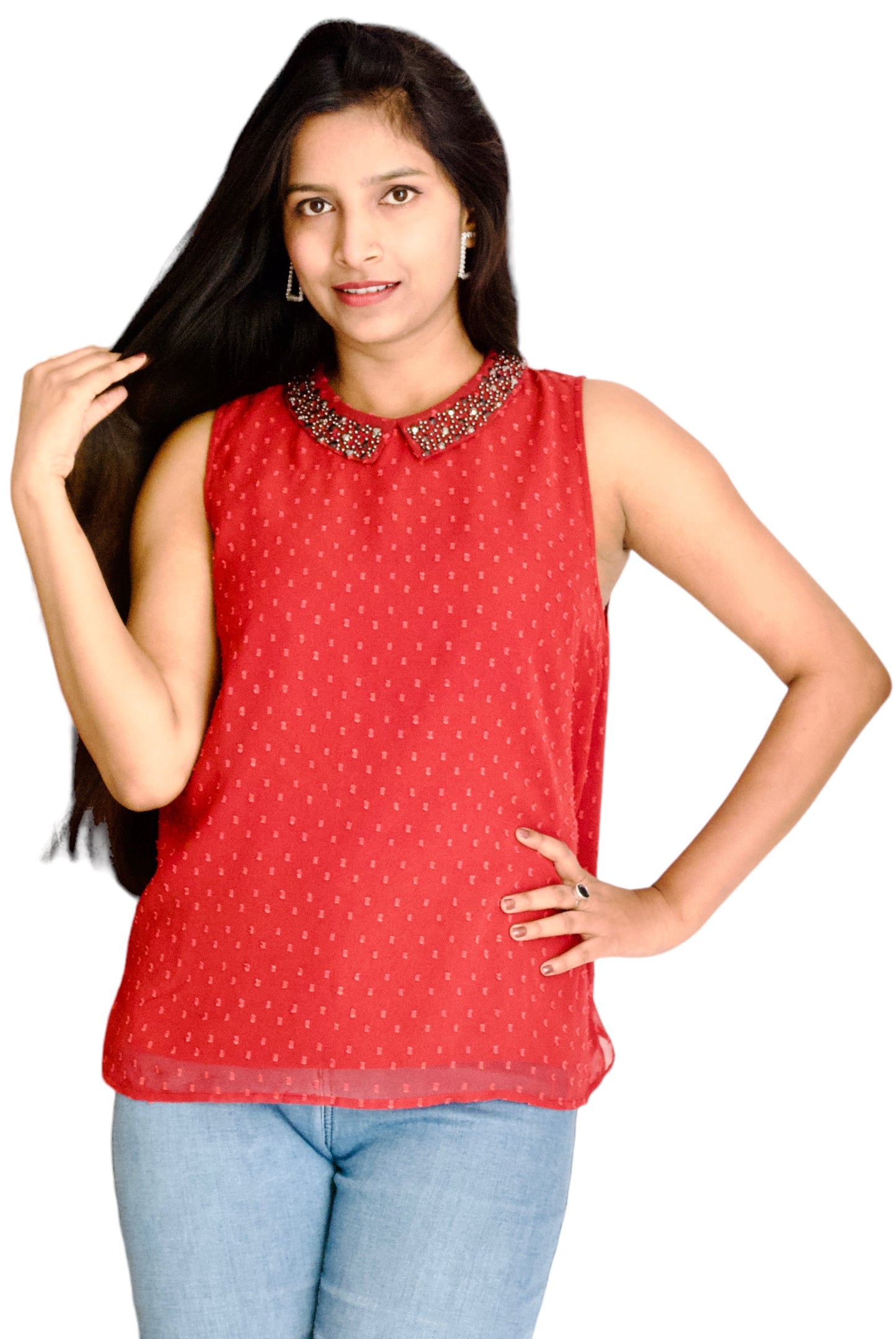 Women Maroon Color Dobi Georgette Fabric Collared Embellished Top