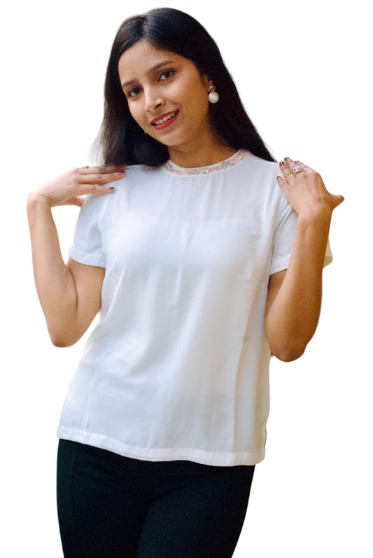 Women White Color Neck Embellished Top