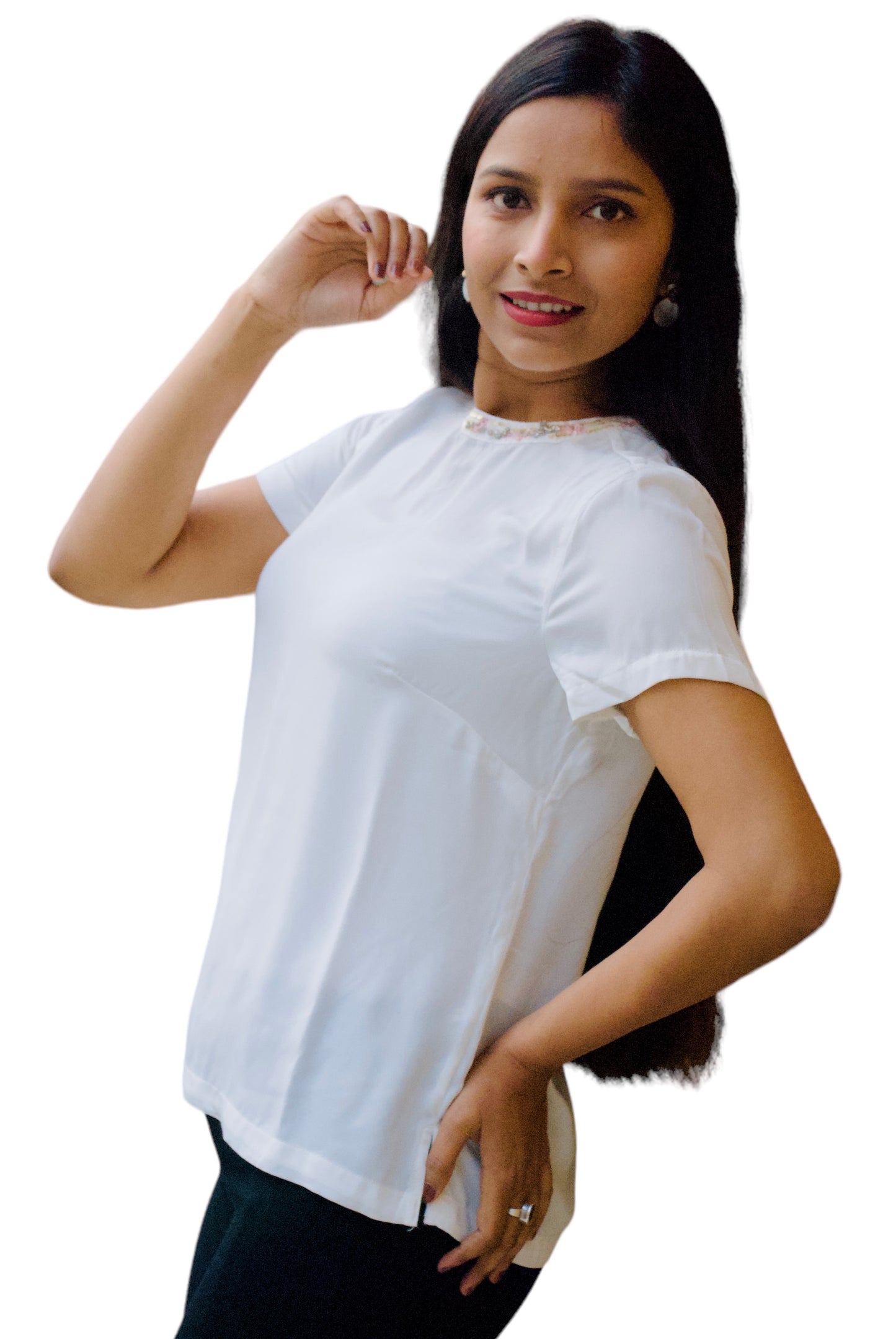 Women White Color Neck Embellished Top