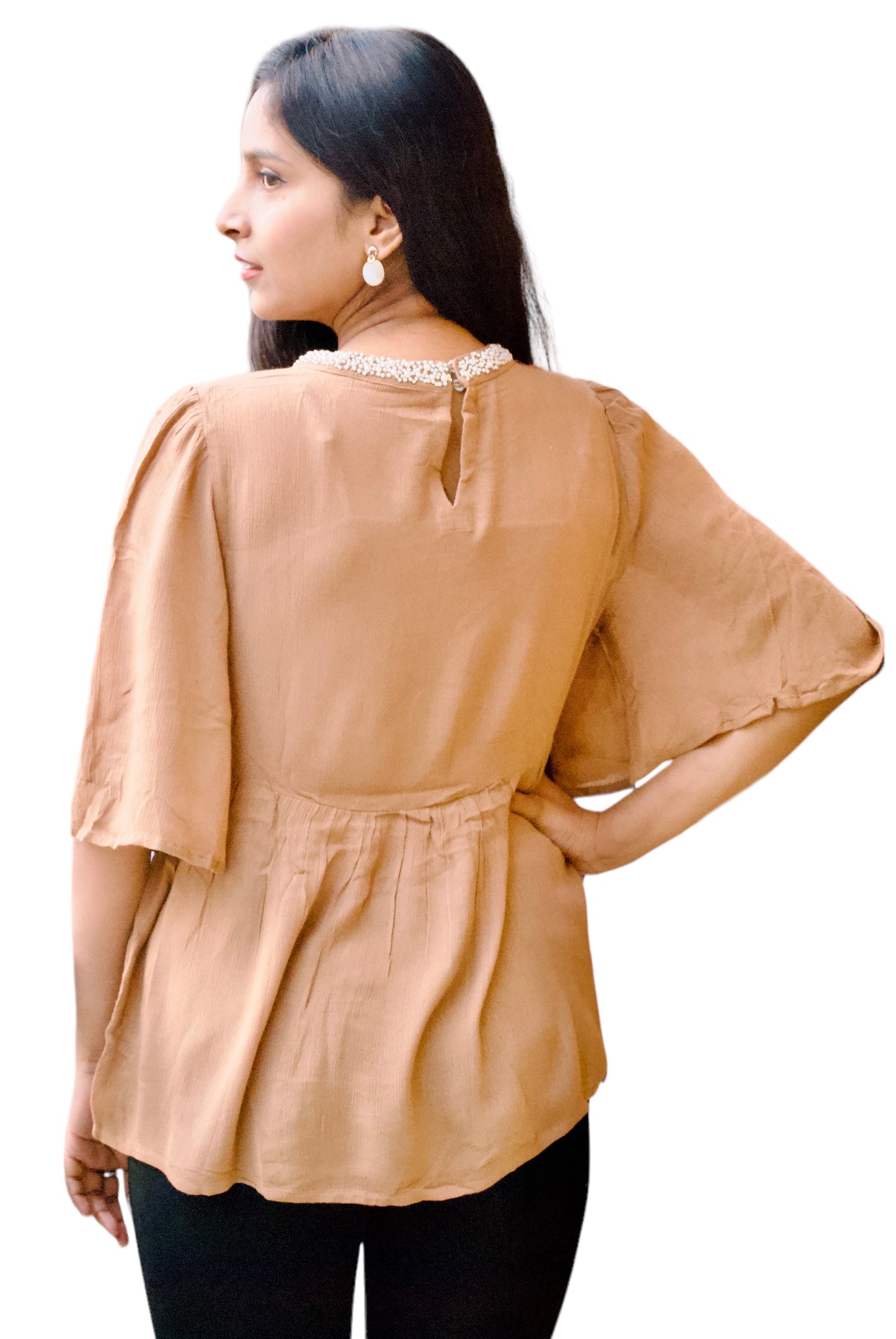 Women Beige Color Neck Pearl Embellished Top.