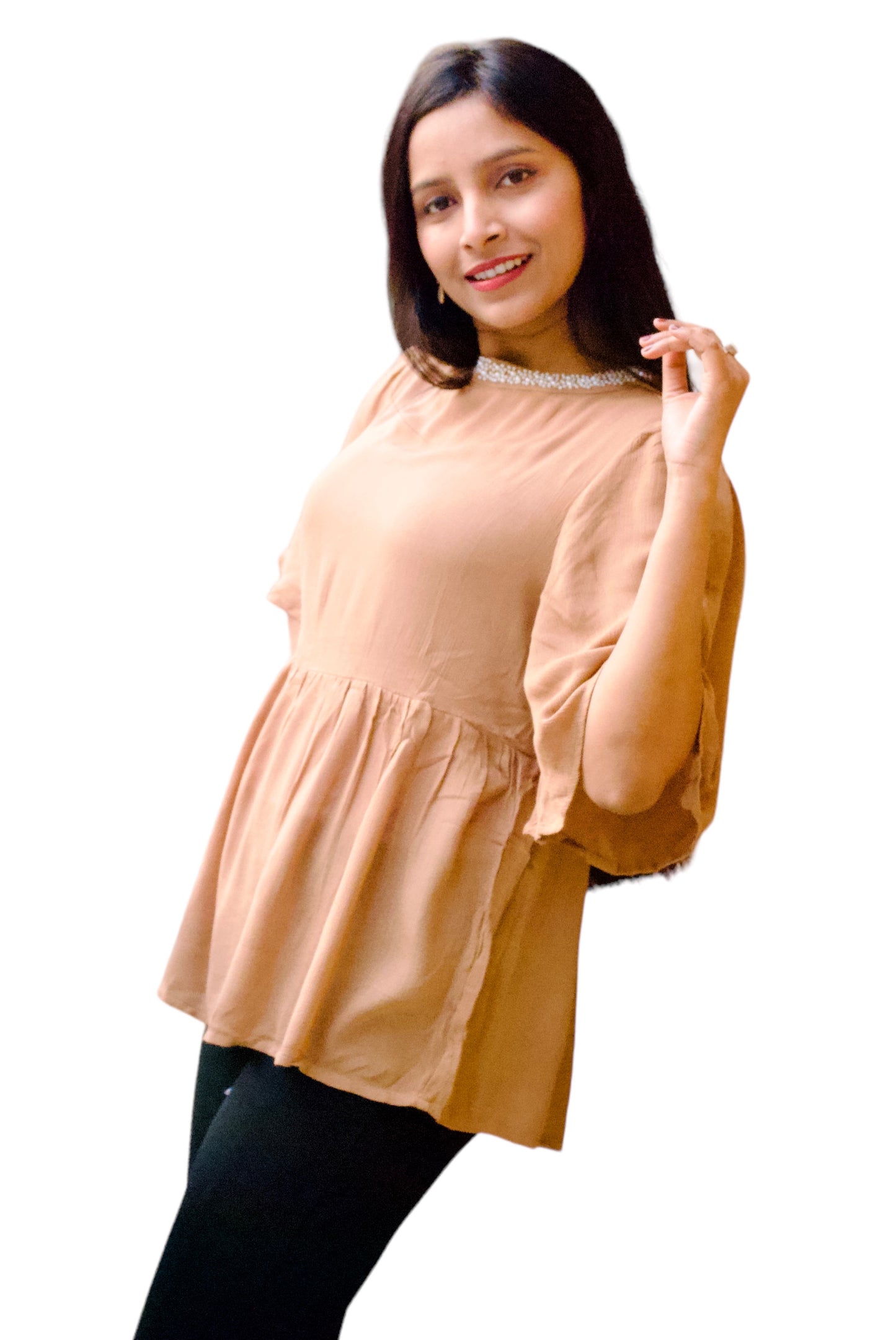 Women Beige Color Neck Pearl Embellished Top.