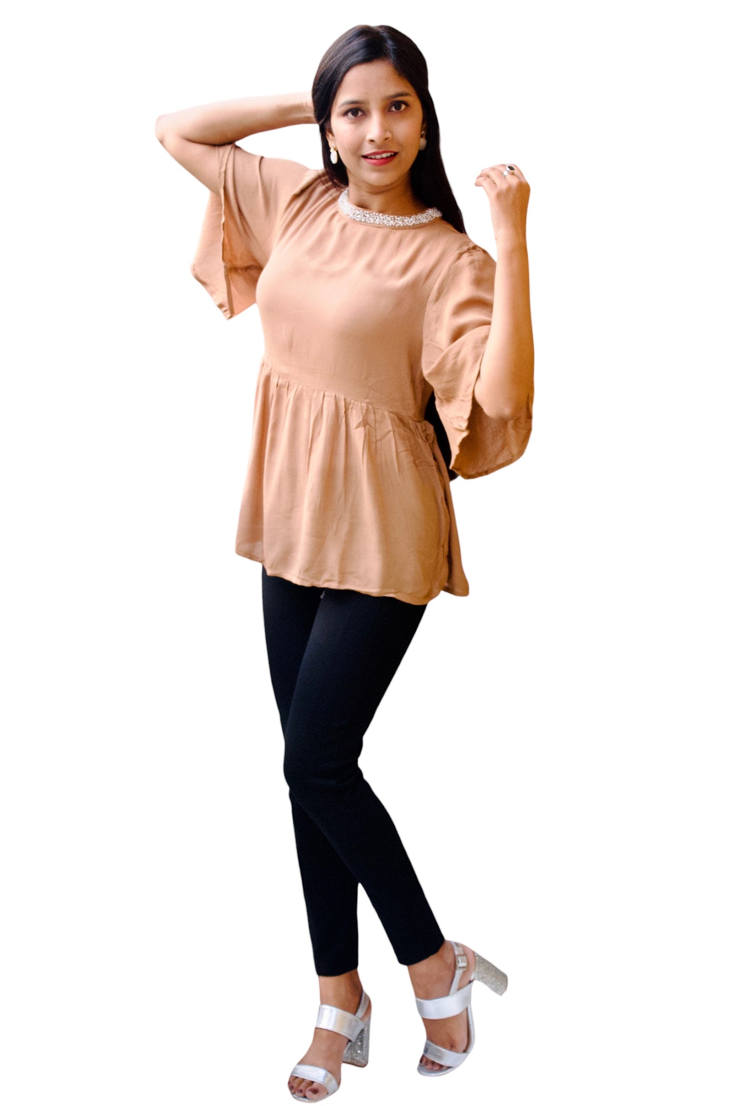 Women Beige Color Neck Pearl Embellished Top.