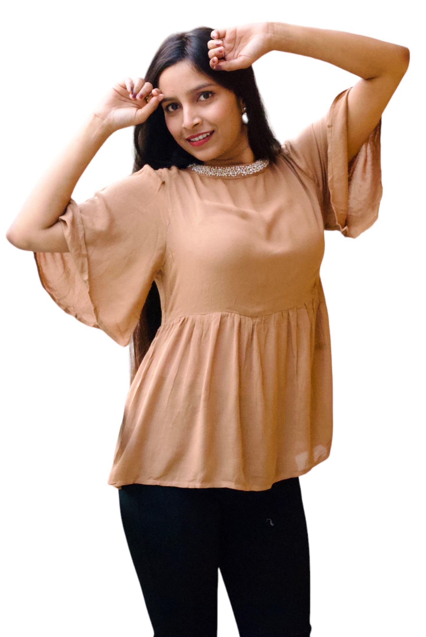 Women Beige Color Neck Pearl Embellished Top.