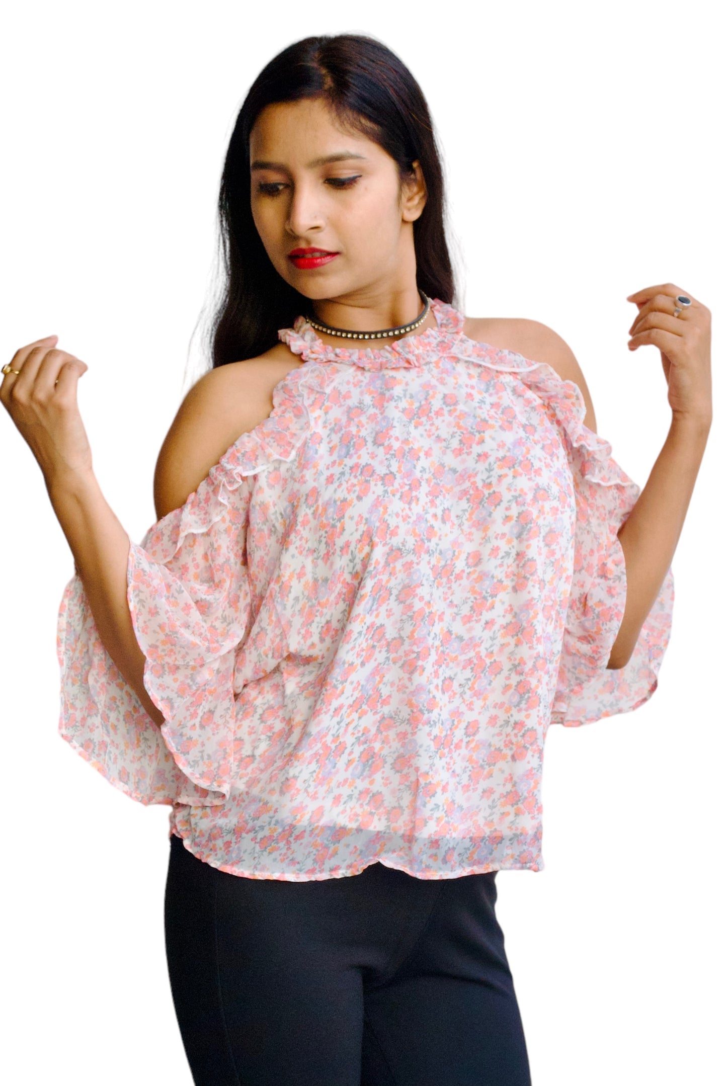 Women White And Pink Color Floral Printed Cold Shoulder Top