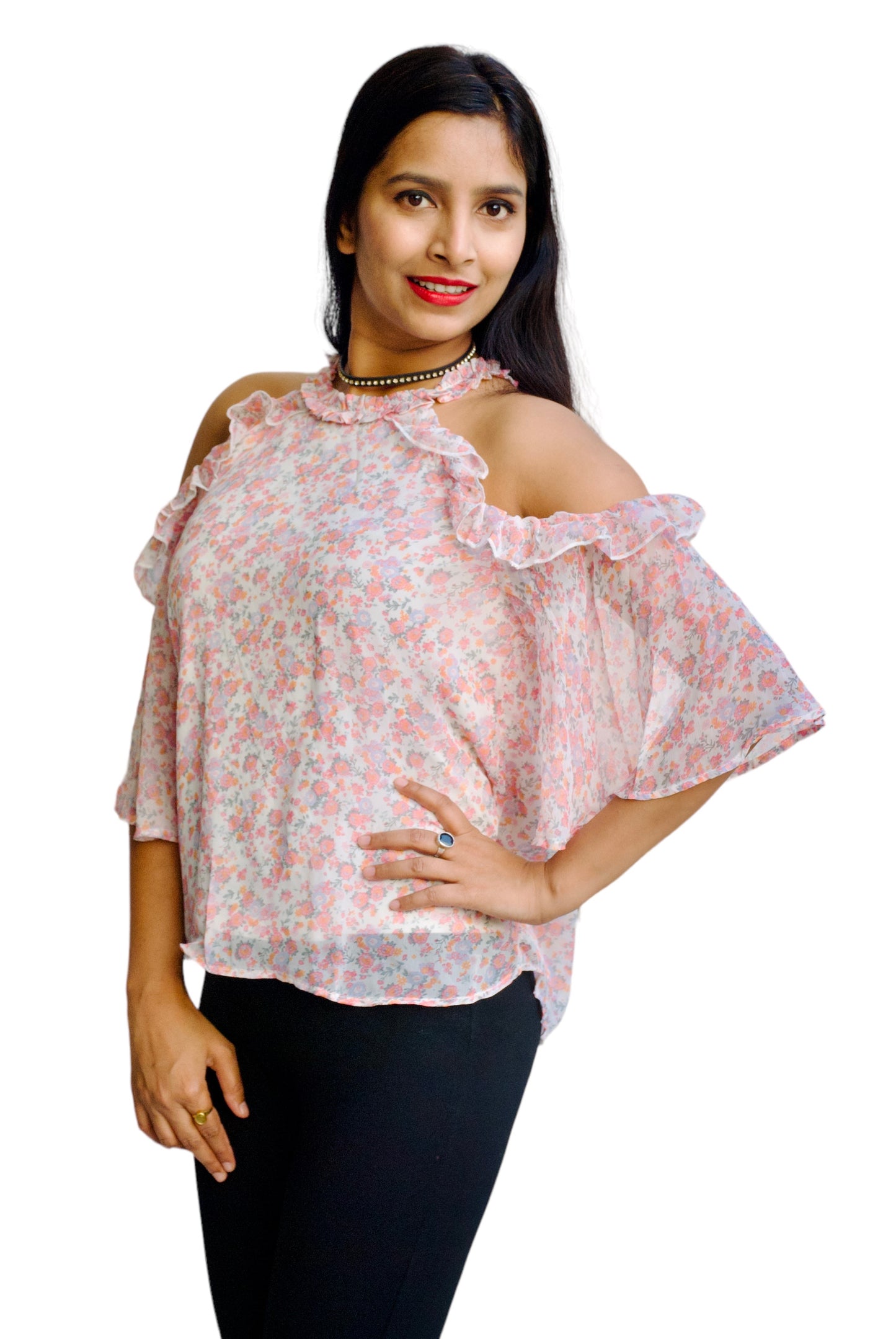 Women White And Pink Color Floral Printed Cold Shoulder Top