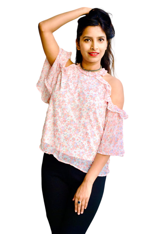 Women White And Pink Color Floral Printed Cold Shoulder Top