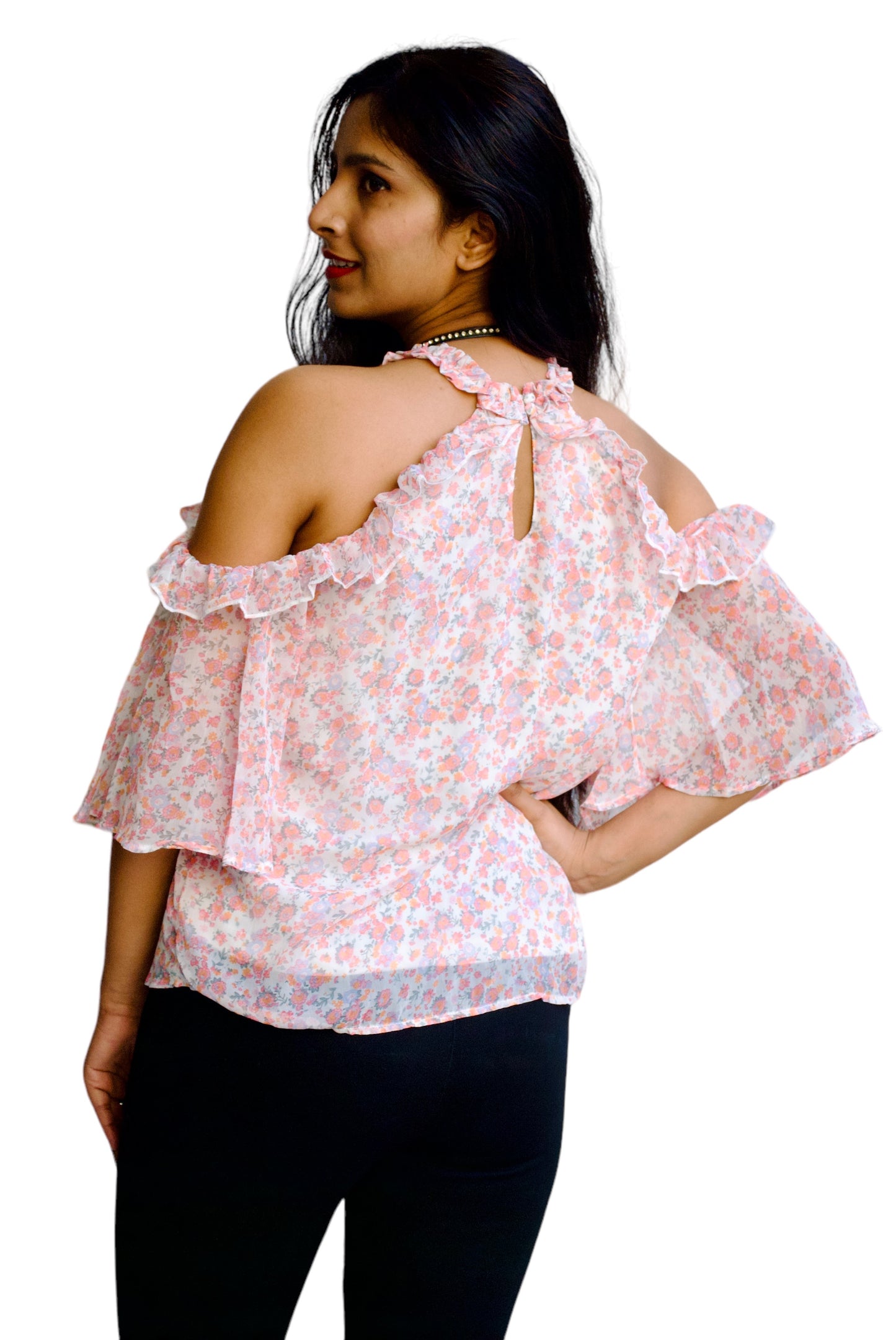 Women White And Pink Color Floral Printed Cold Shoulder Top