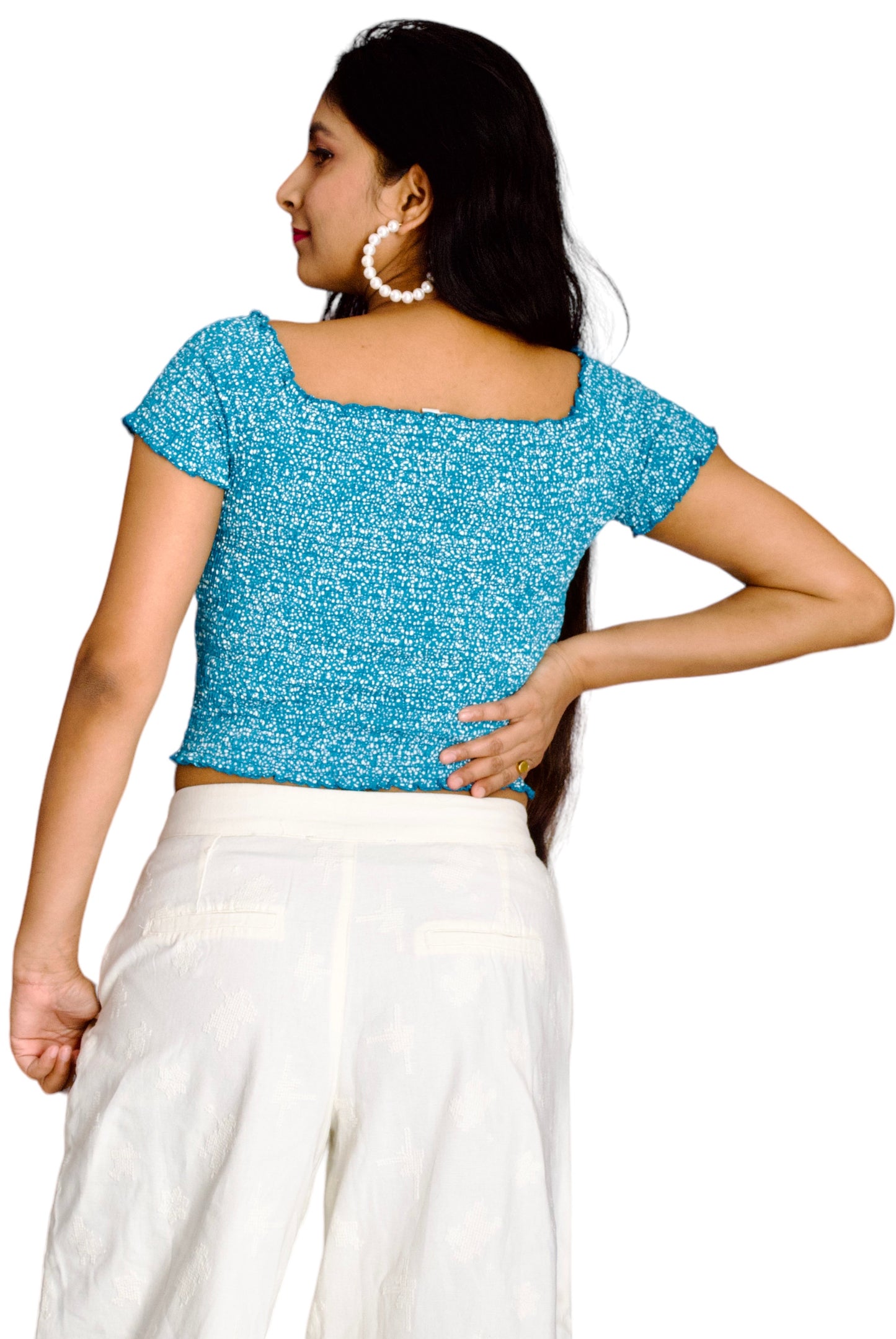 Women Sky Blue Color Smocked Fabric Fitted Crop Top