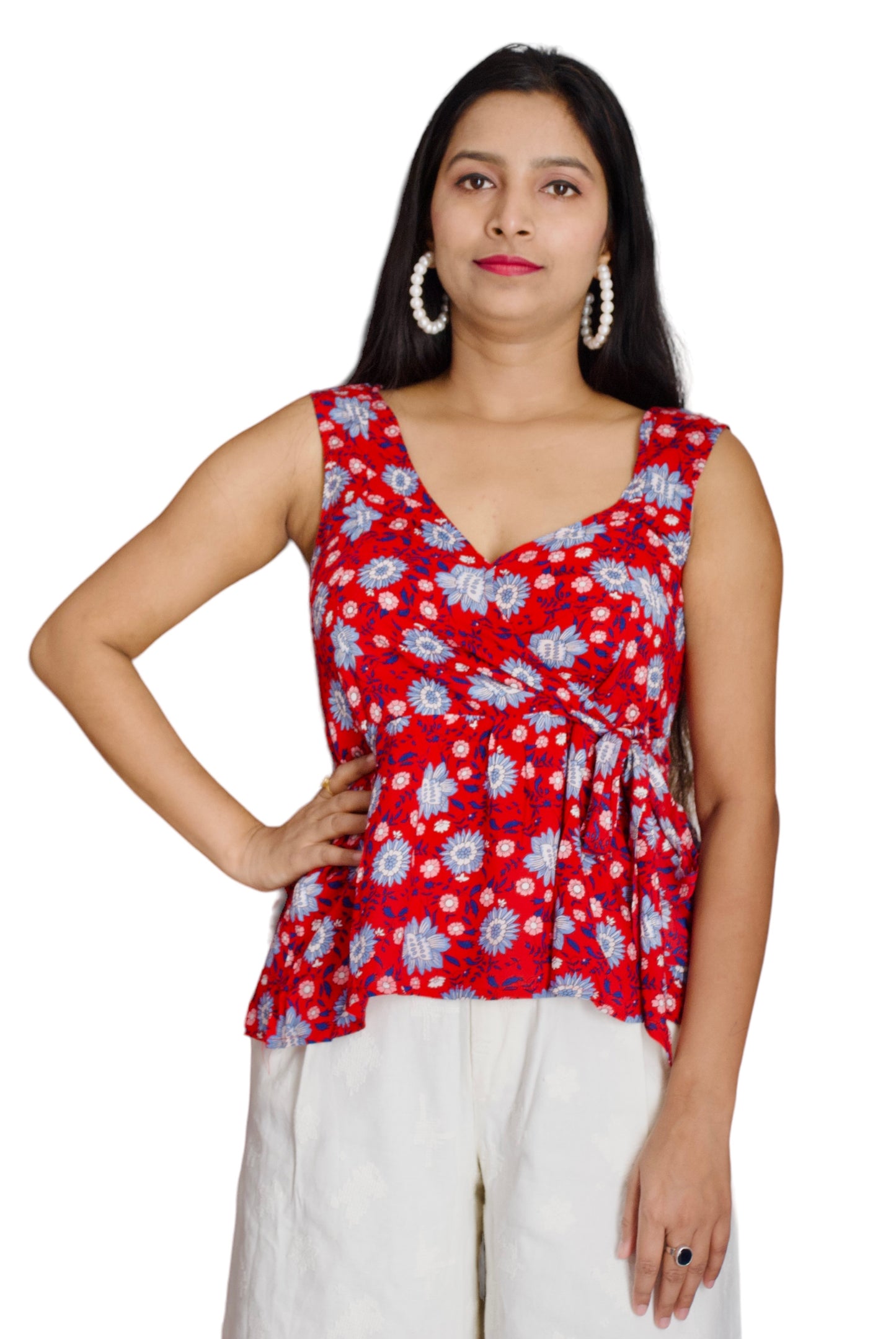 Women Red Color Floral Printed Sleeveless Wrap Top