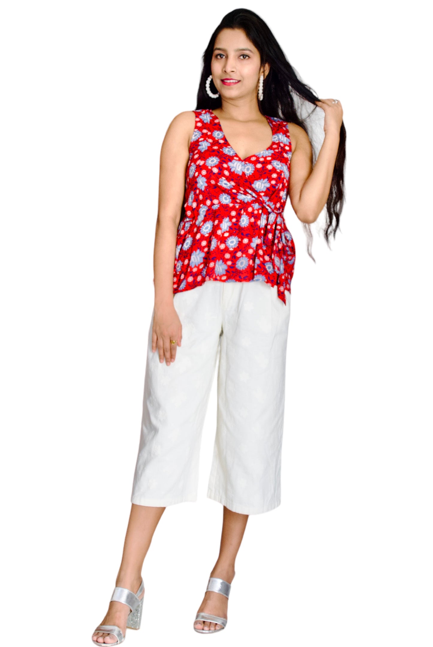 Women Red Color Floral Printed Sleeveless Wrap Top