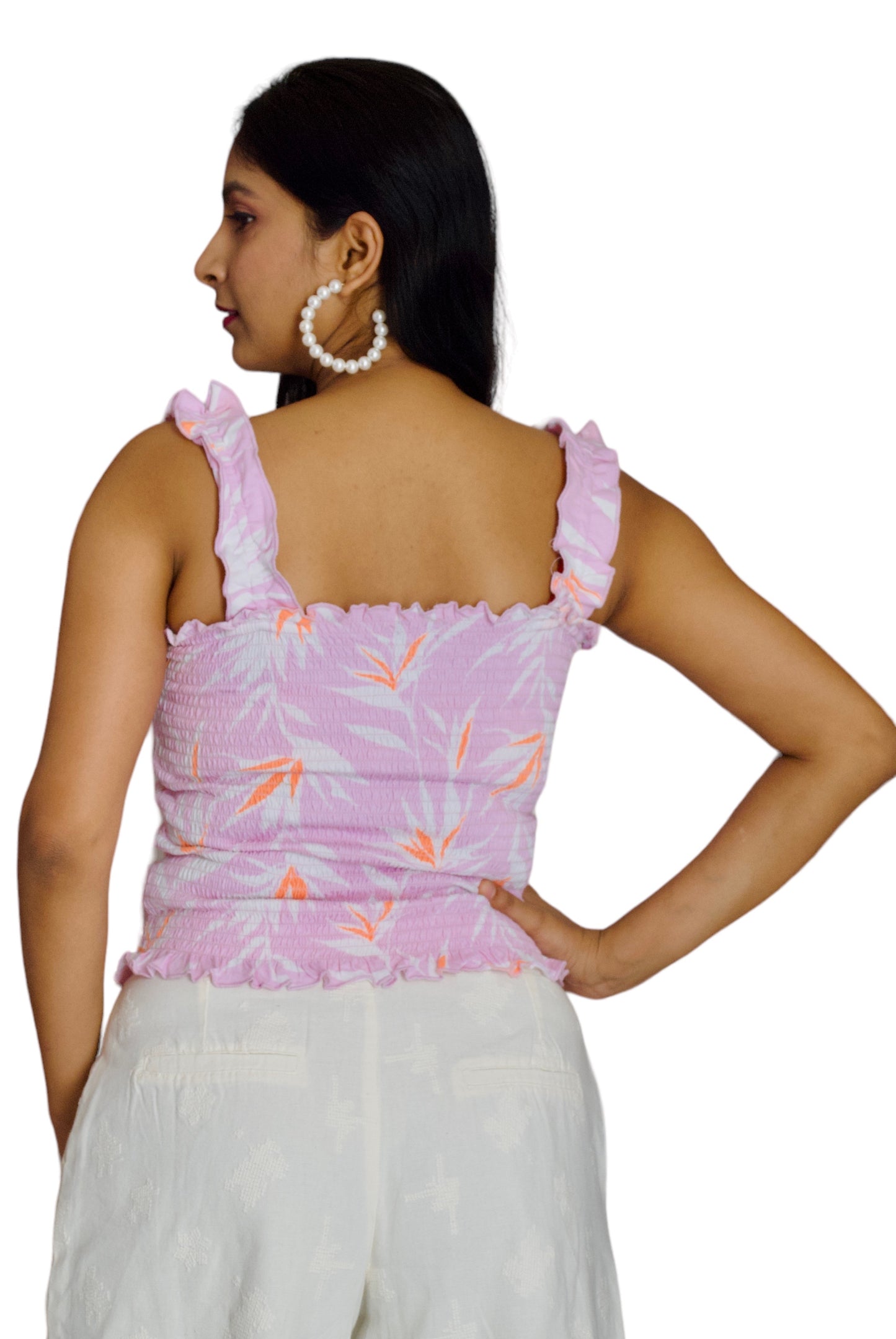 Women Pink Color Smocked Fabric Fitted Shoulder Strap Crop Top