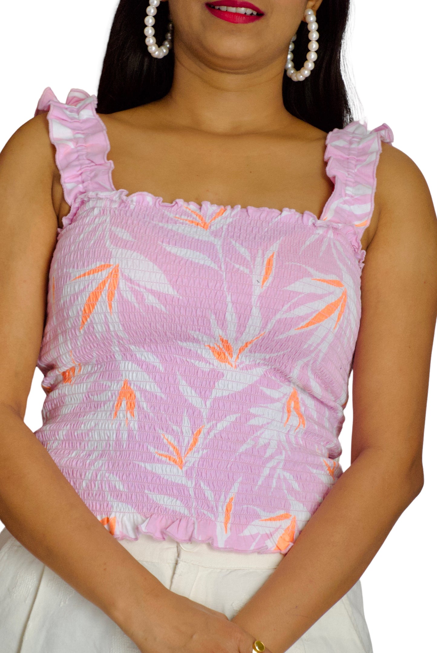 Women Pink Color Smocked Fabric Fitted Shoulder Strap Crop Top