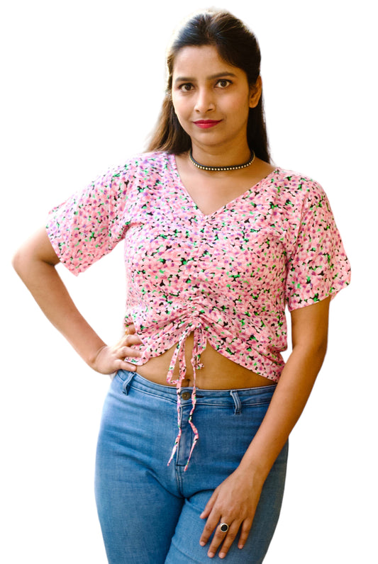 Women Pink Color Printed Ruched Crop Top