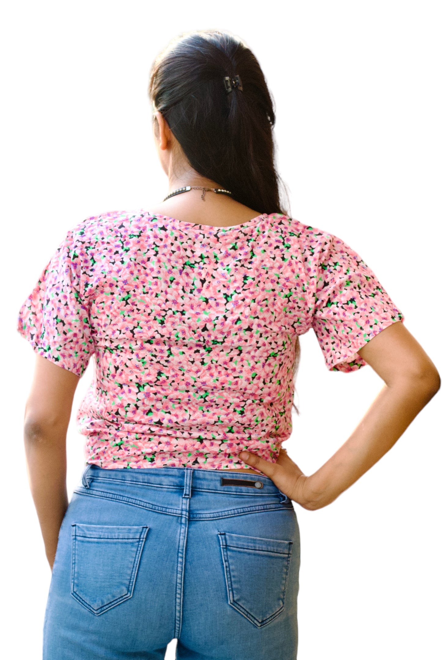 Women Pink Color Printed Ruched Crop Top