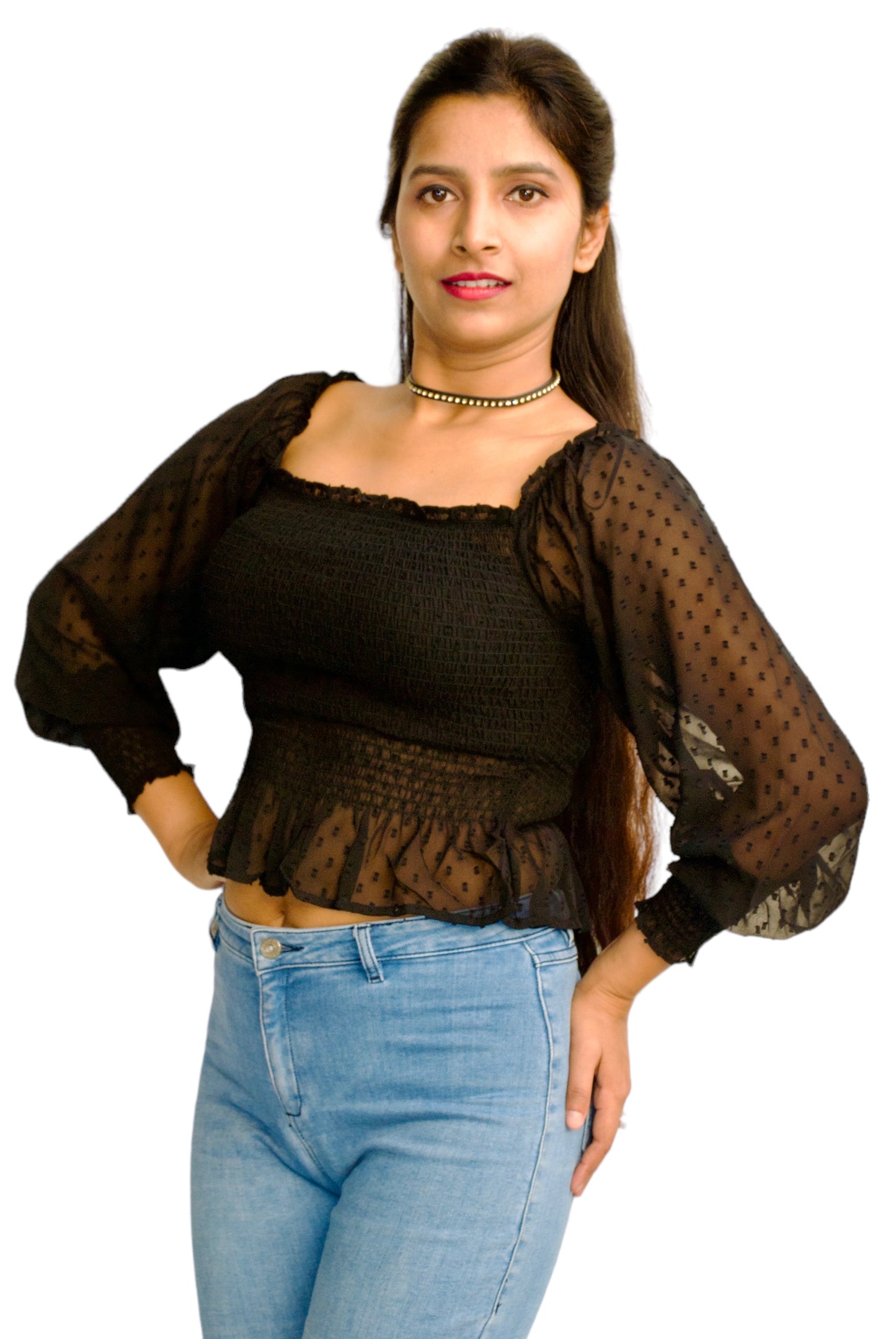 Women Black Color Smocked Fabric Fitted Crop Top