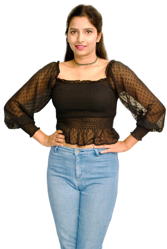 Women Black Color Smocked Fabric Fitted Crop Top