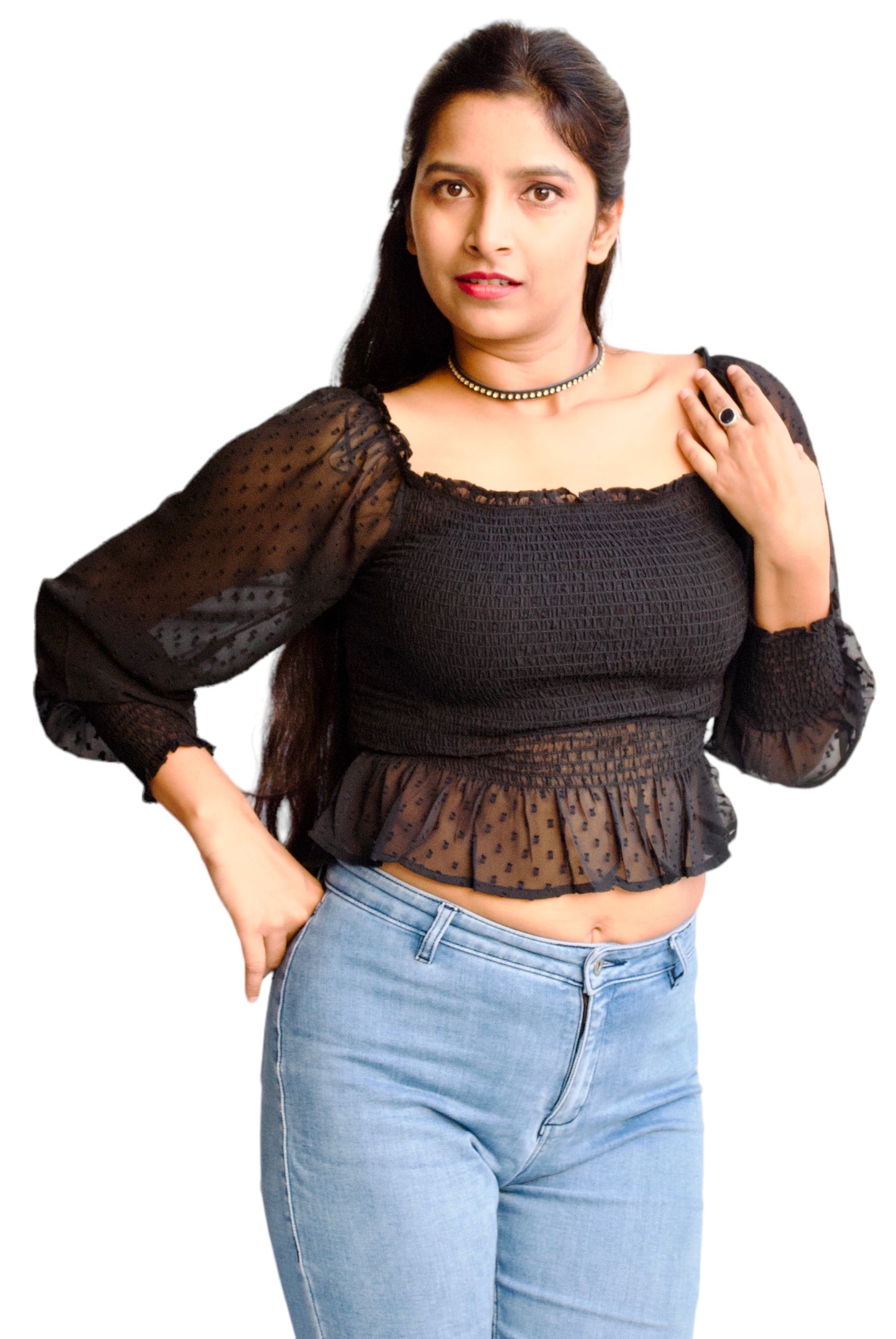 Women Black Color Smocked Fabric Fitted Crop Top