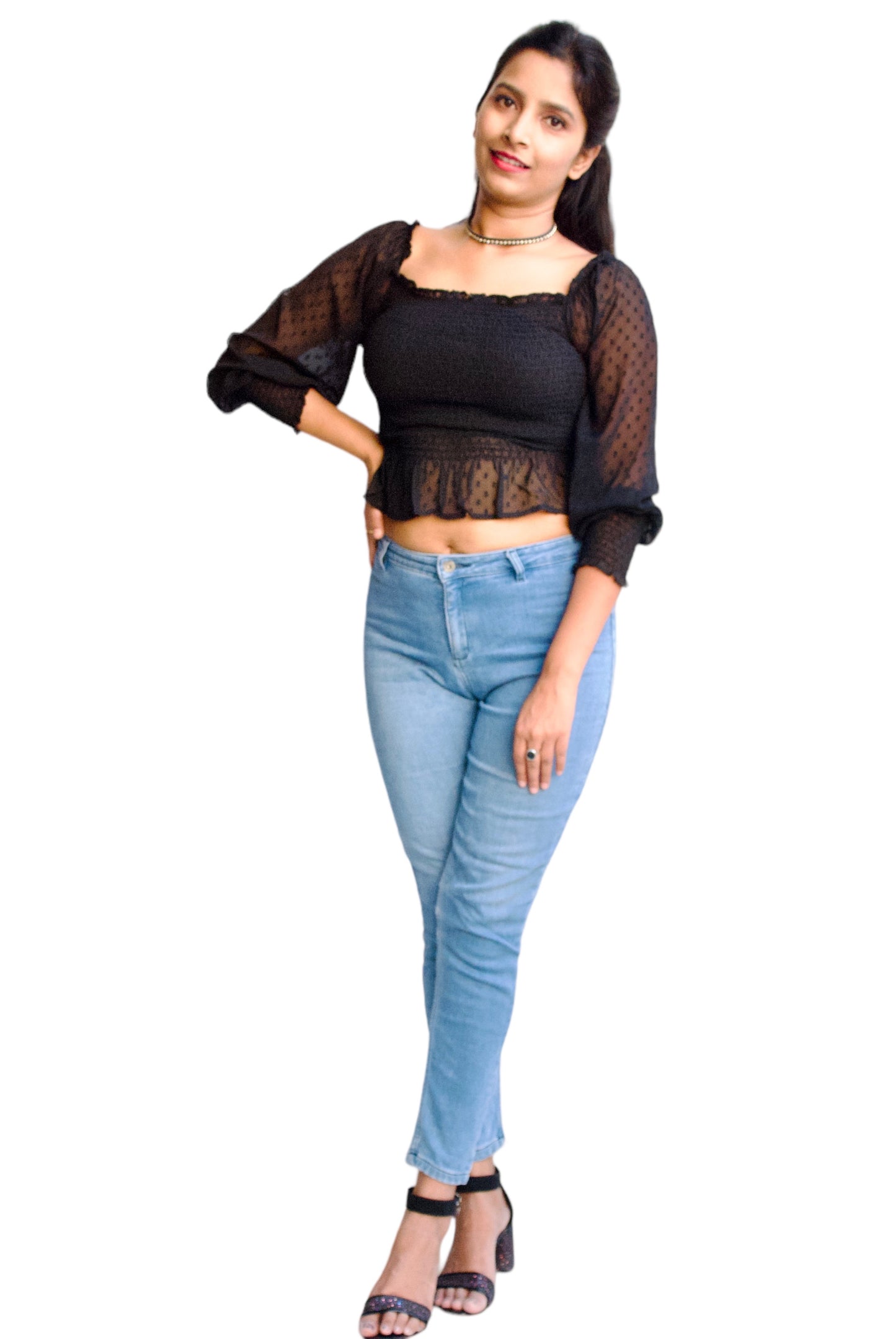 Women Black Color Smocked Fabric Fitted Crop Top