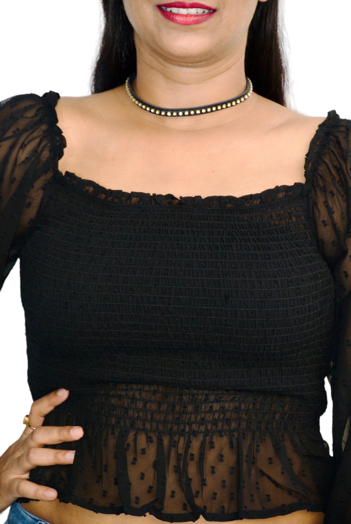 Women Black Color Smocked Fabric Fitted Crop Top