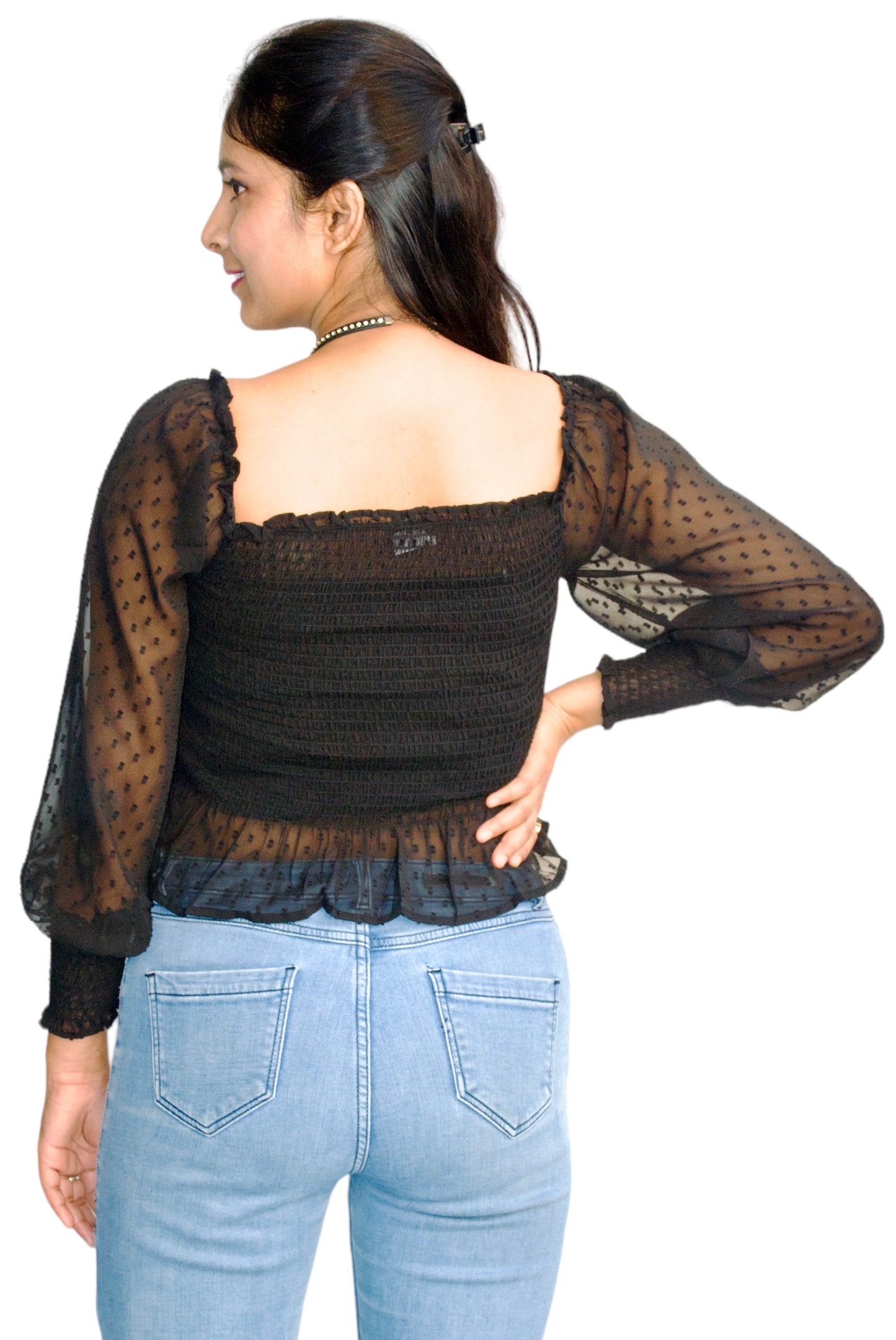 Women Black Color Smocked Fabric Fitted Crop Top