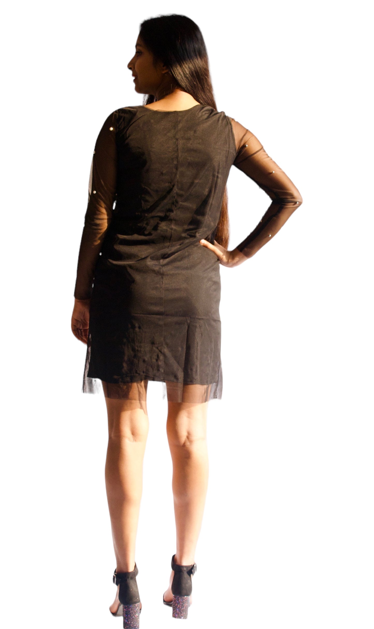 Women Black Color Pearl Embellished Shift Dress