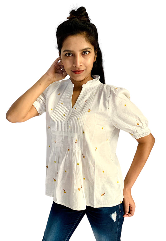 Women Puff Sleeves White Color Embroidered Top