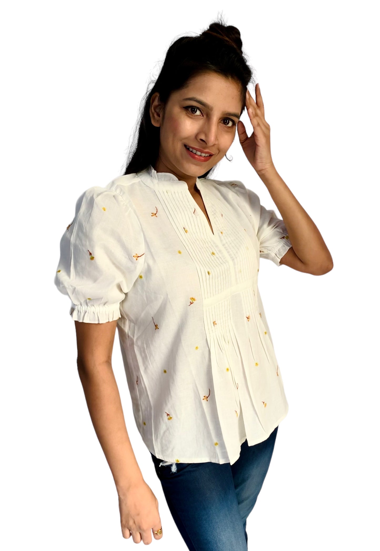 Women Puff Sleeves White Color Embroidered Top