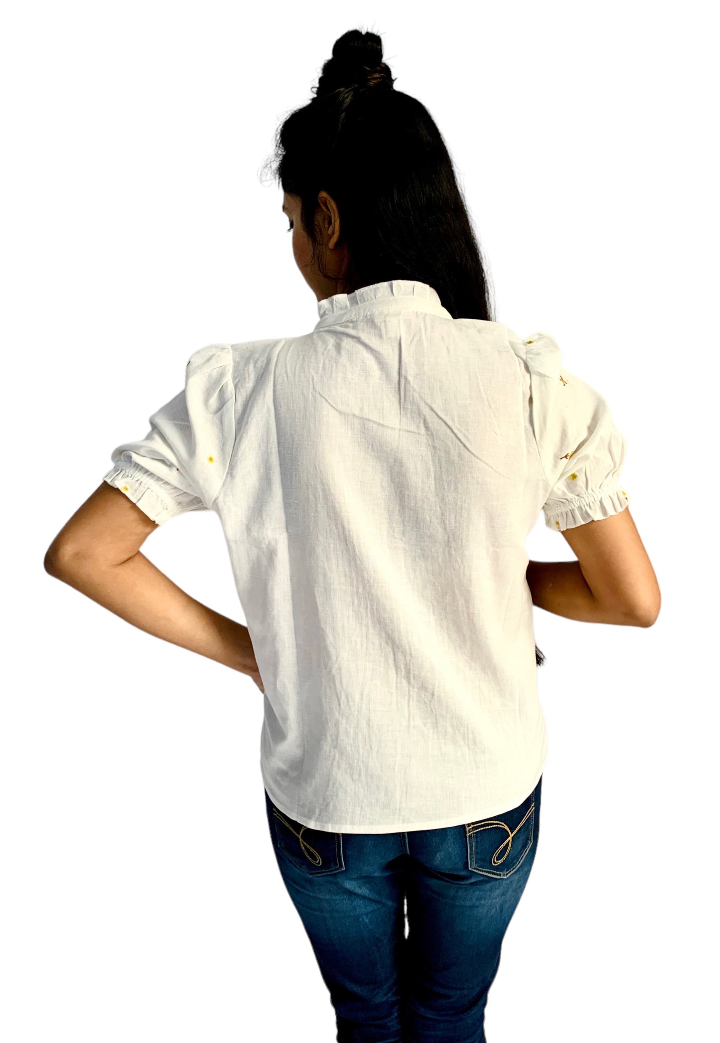 Women Puff Sleeves White Color Embroidered Top