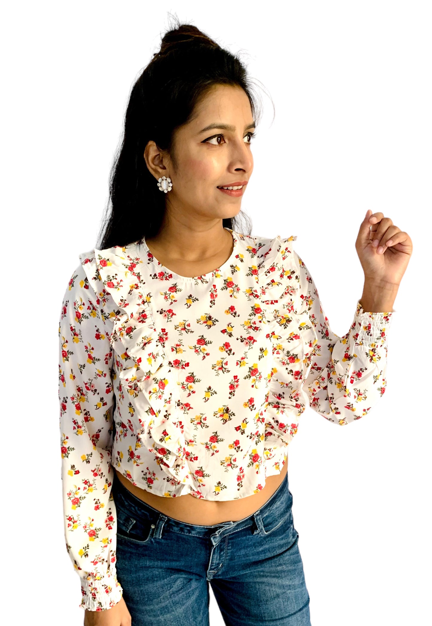 Women White Color Printed Ruffle Style Crop Top