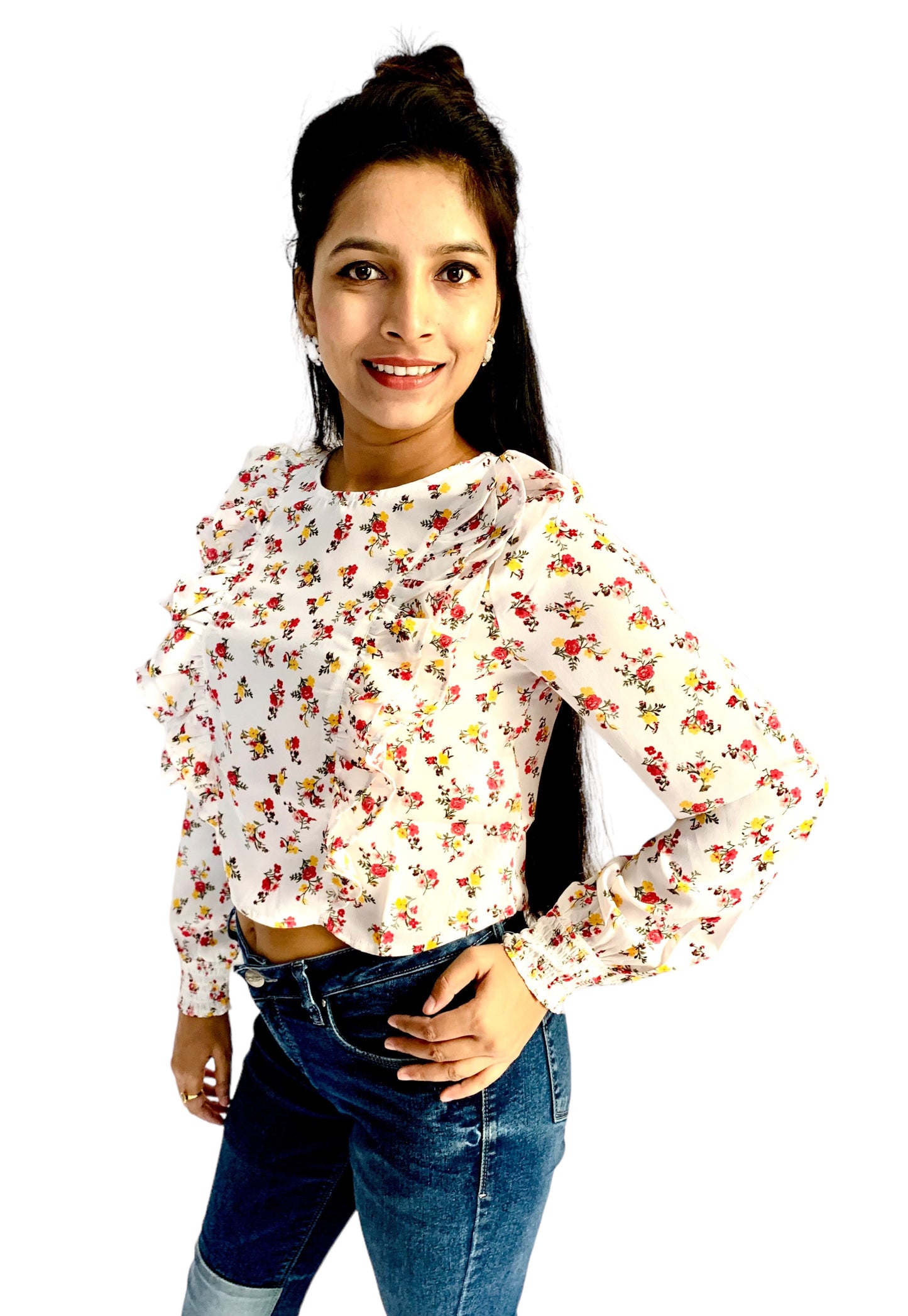 Women White Color Printed Ruffle Style Crop Top