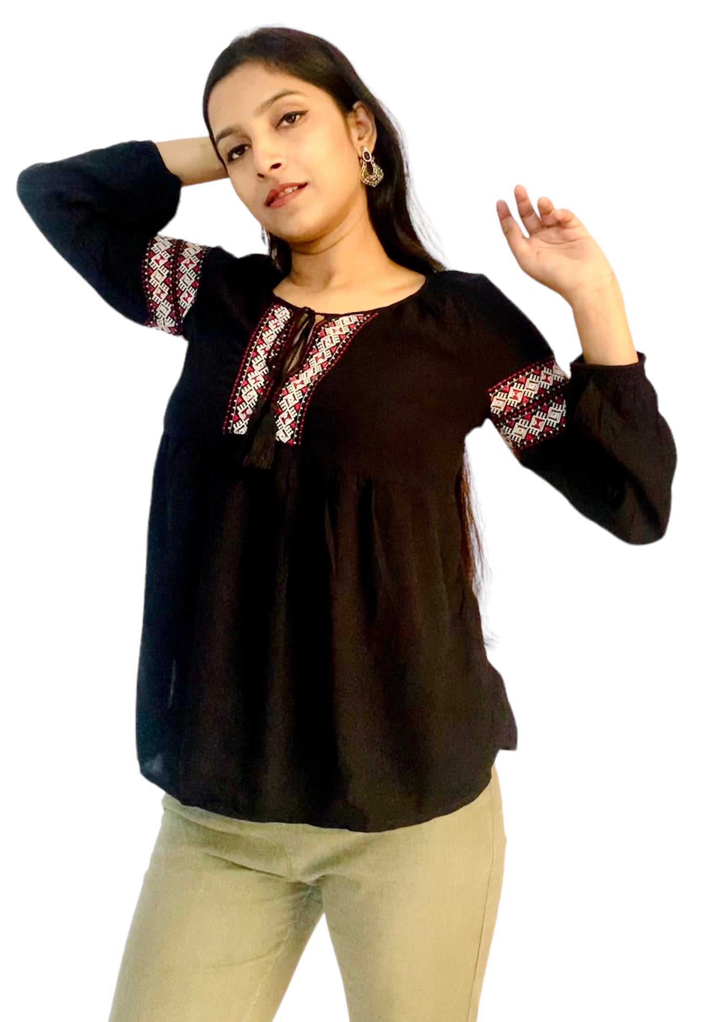 Women Black Color Raglan Sleeves Embroidered Top