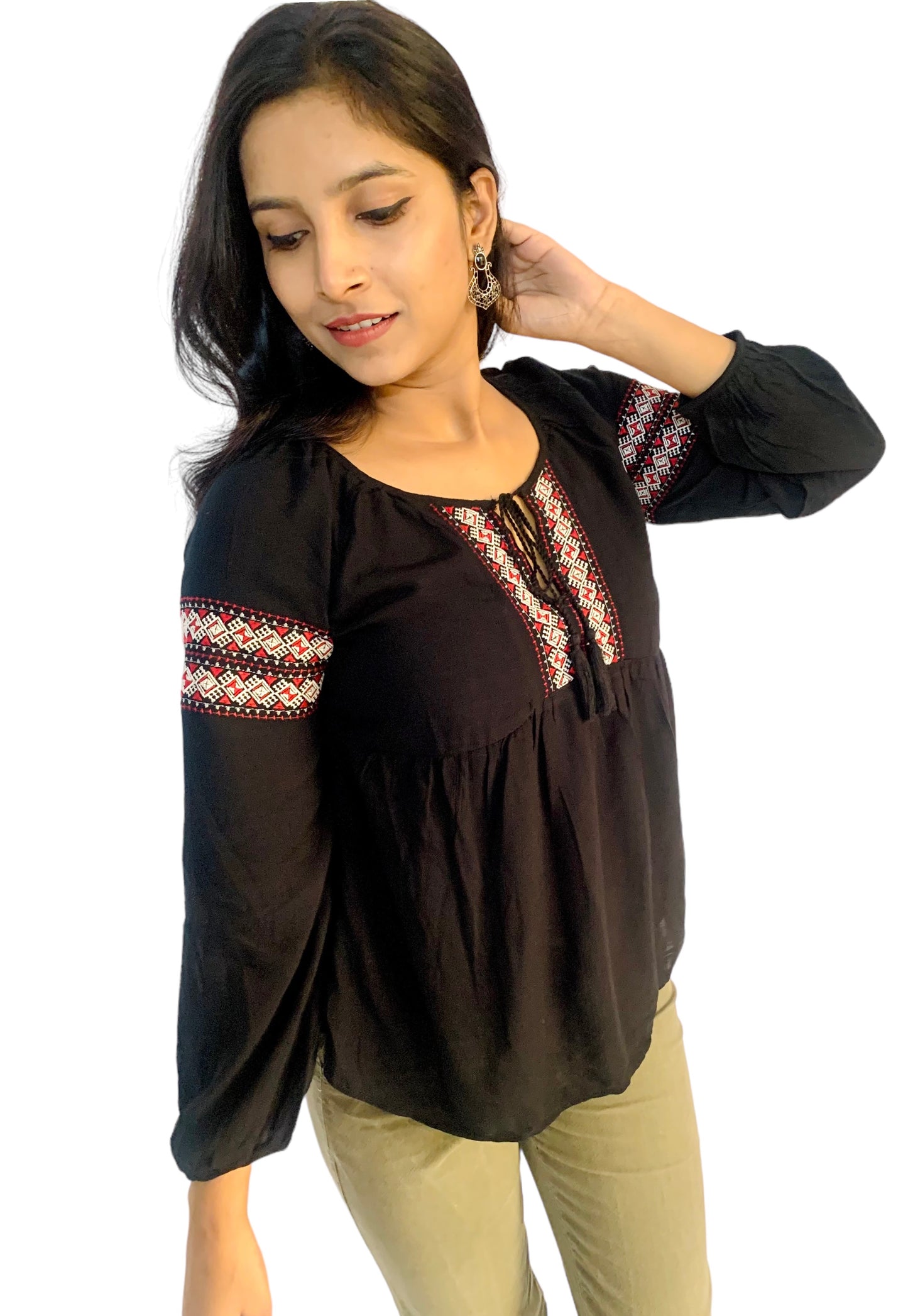 Women Black Color Raglan Sleeves Embroidered Top