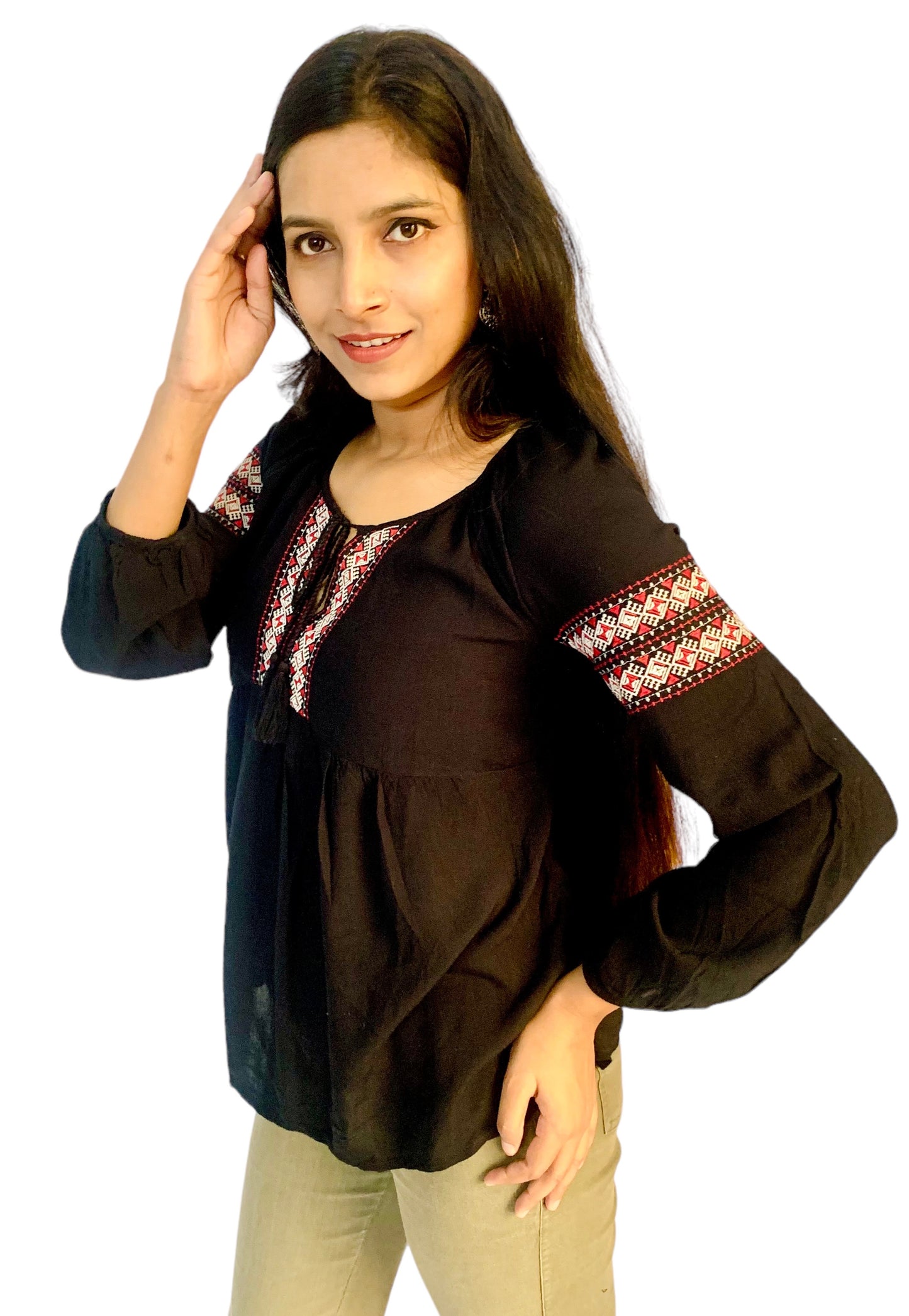 Women Black Color Raglan Sleeves Embroidered Top